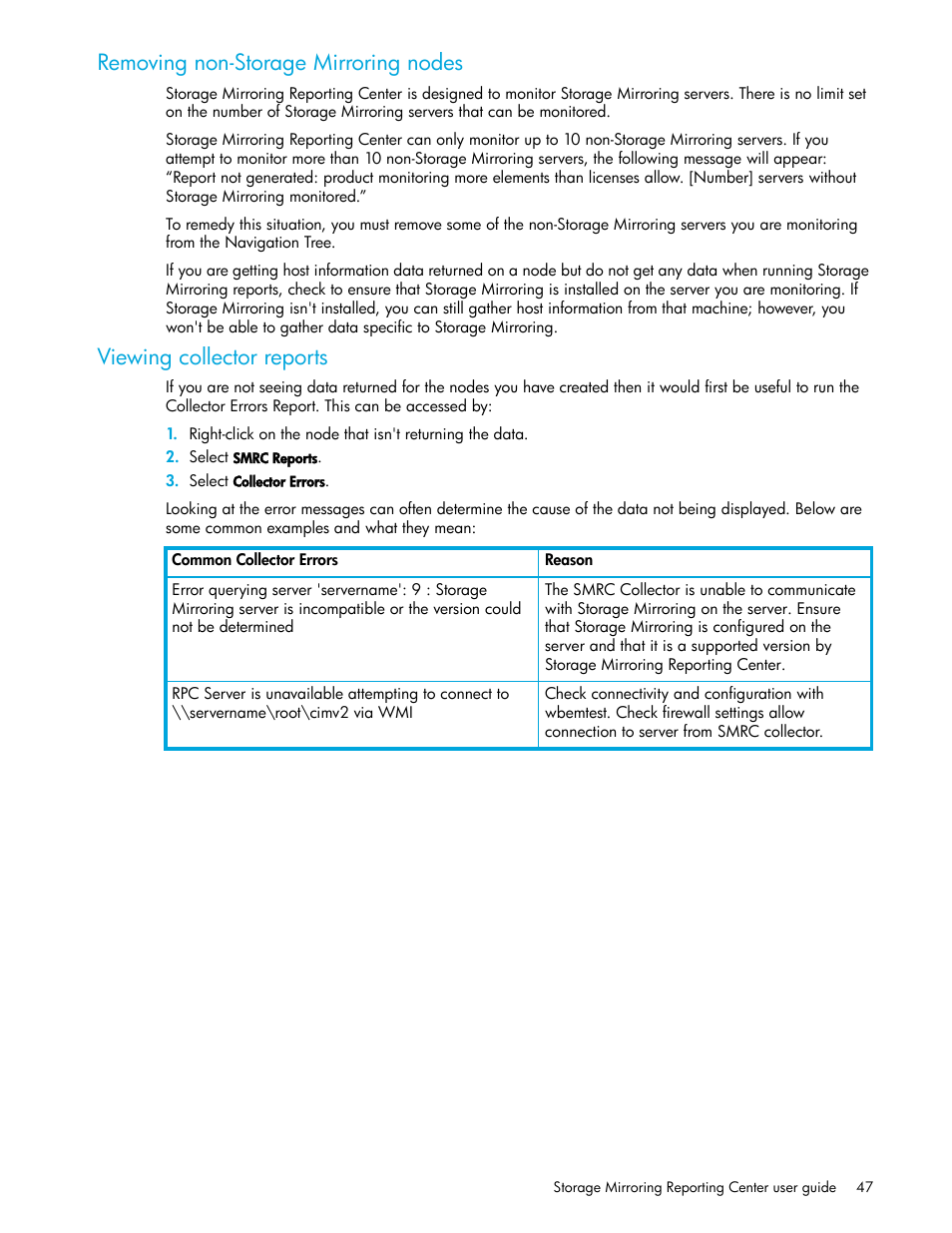 Removing non-storage mirroring nodes, Viewing collector reports | HP Storage Mirroring V5 Software User Manual | Page 47 / 50