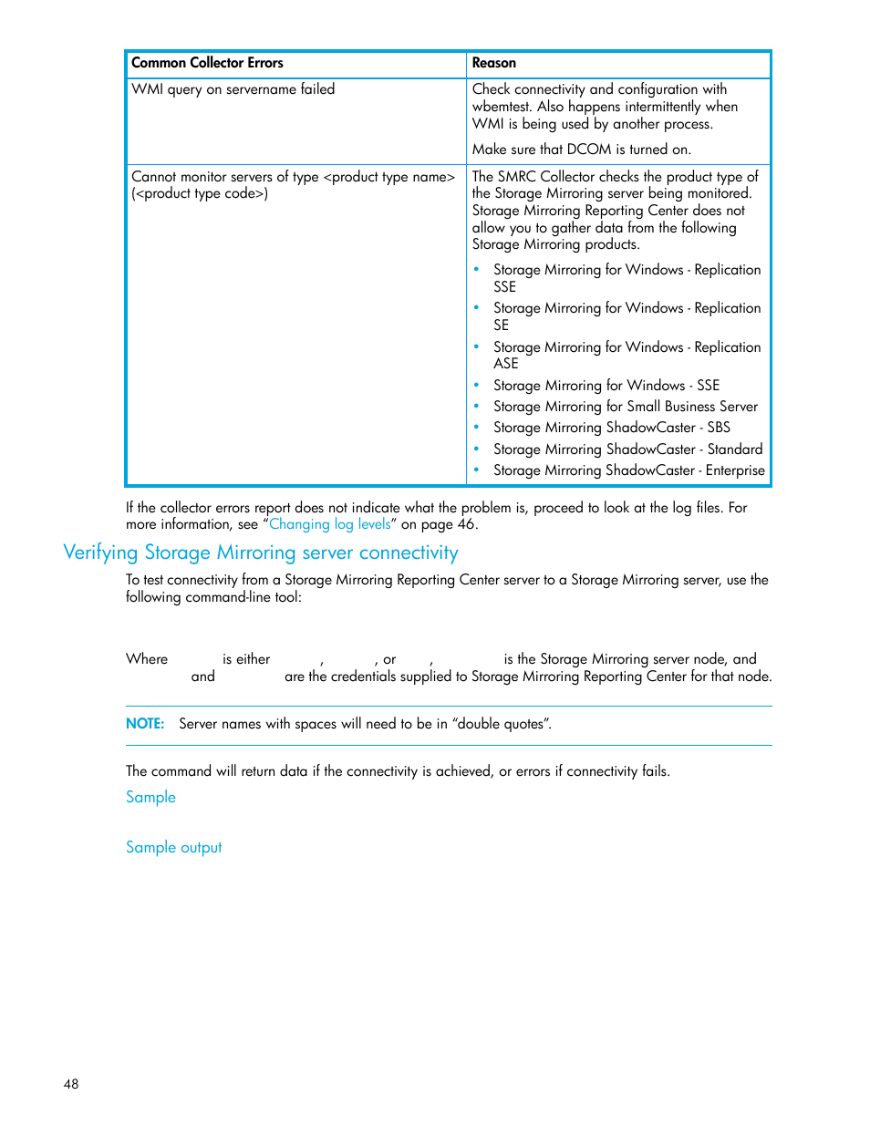 Verifying storage mirroring server connectivity | HP Storage Mirroring V5 Software User Manual | Page 48 / 50