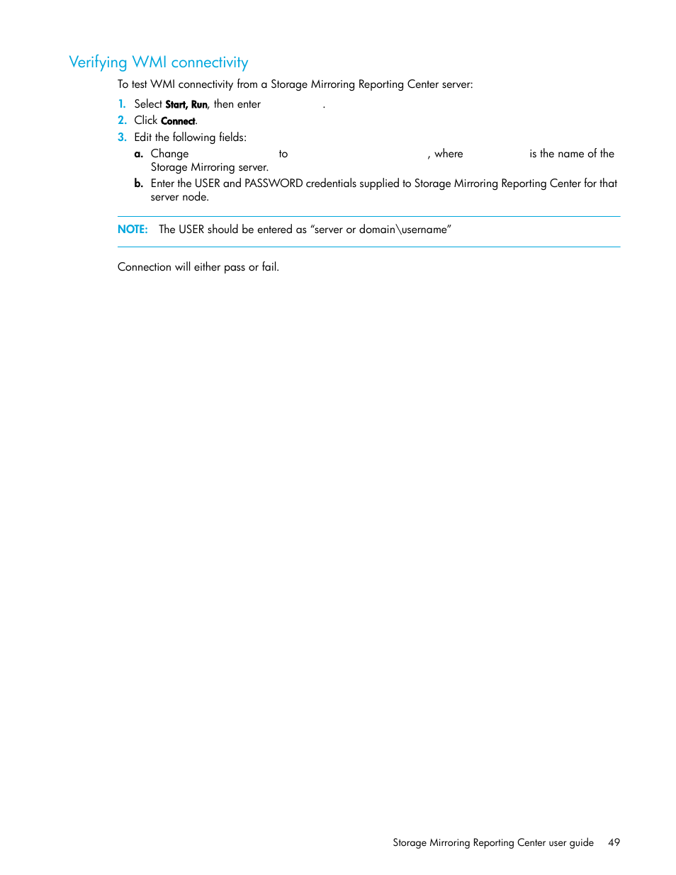 Verifying wmi connectivity | HP Storage Mirroring V5 Software User Manual | Page 49 / 50