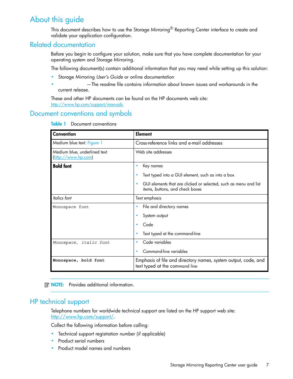 About this guide, Related documentation, Document conventions and symbols | Hp technical support | HP Storage Mirroring V5 Software User Manual | Page 7 / 50