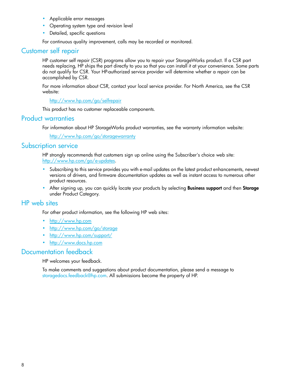 Customer self repair, Product warranties, Subscription service | Hp web sites, Documentation feedback | HP Storage Mirroring V5 Software User Manual | Page 8 / 50