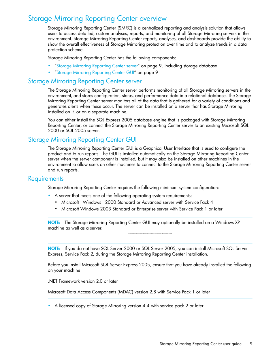 Storage mirroring reporting center overview, Storage mirroring reporting center server, Storage mirroring reporting center gui | Requirements | HP Storage Mirroring V5 Software User Manual | Page 9 / 50