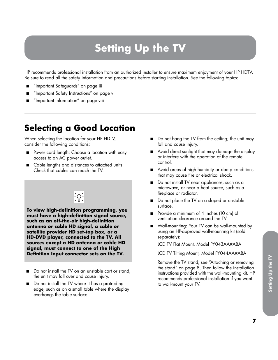 Setting up the tv, Selecting a good location | HP LT4200 42 inch Professional LCD HDTV User Manual | Page 17 / 66