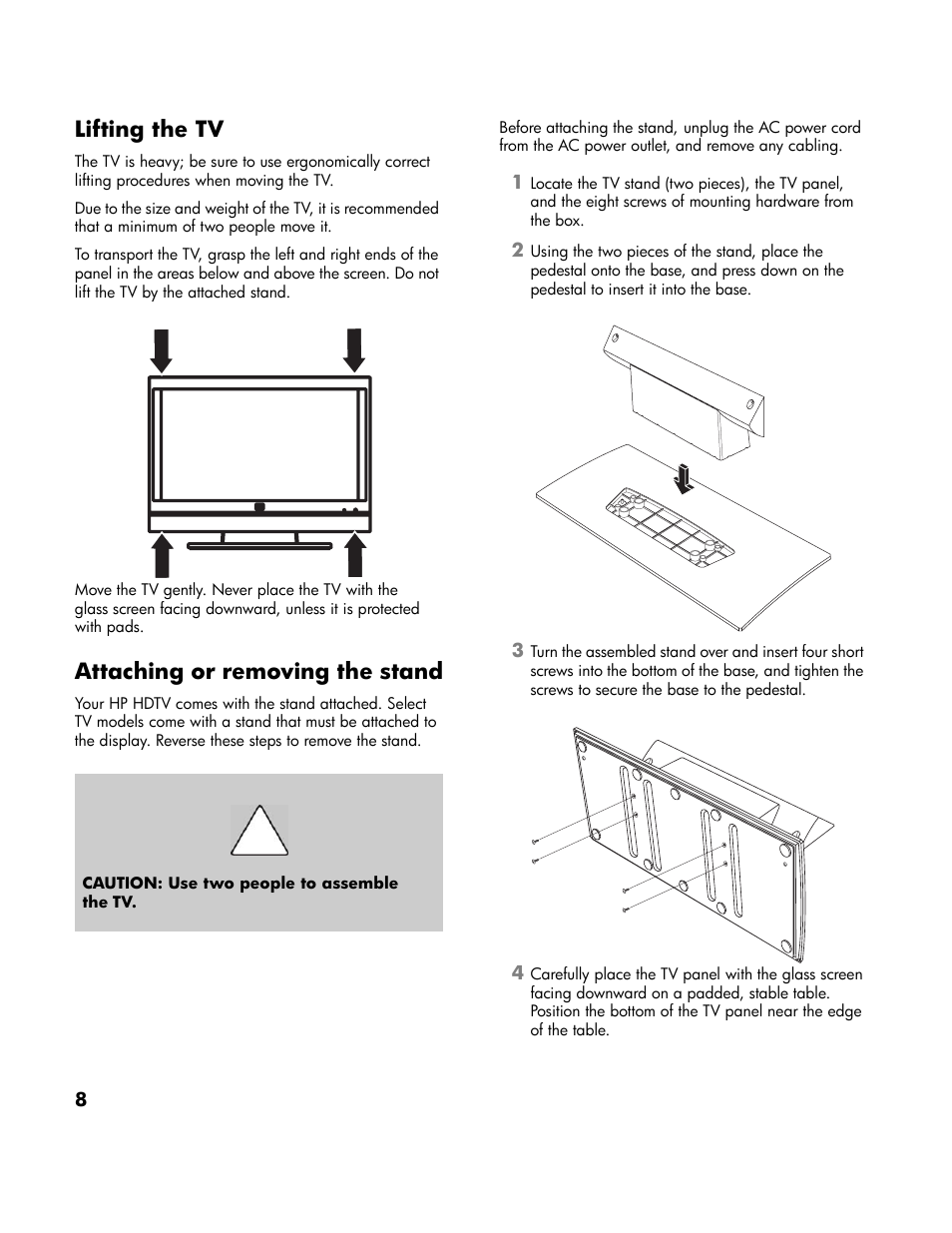 Lifting the tv, Attaching or removing the stand, Lifting the tv attaching or removing the stand | Attaching or removing | HP LT4200 42 inch Professional LCD HDTV User Manual | Page 18 / 66