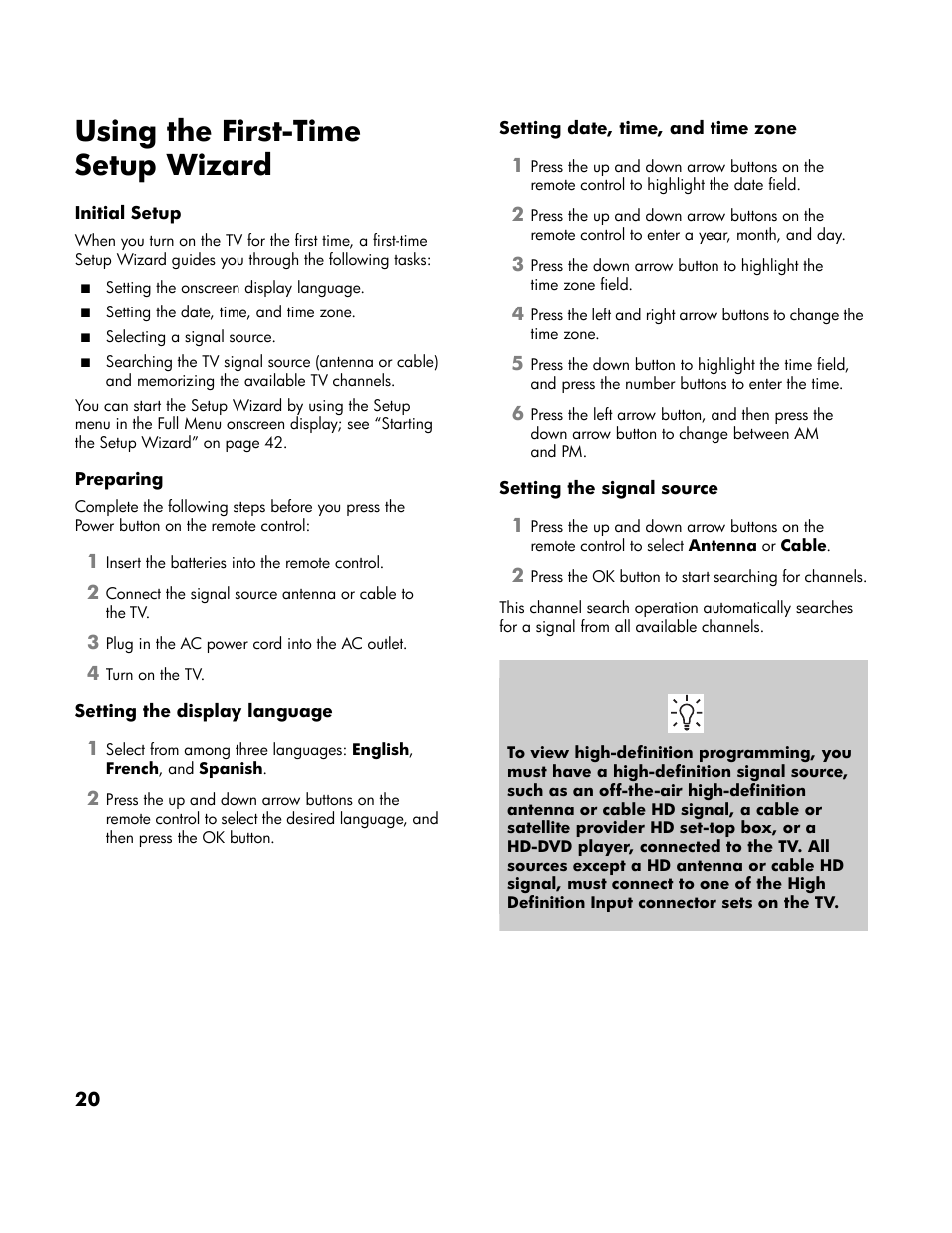 Using the first-time setup wizard | HP LT4200 42 inch Professional LCD HDTV User Manual | Page 30 / 66