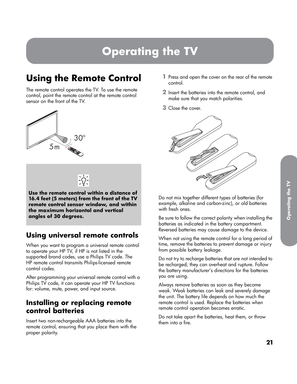 Operating the tv, Using the remote control, Using universal remote controls | Installing or replacing remote control batteries | HP LT4200 42 inch Professional LCD HDTV User Manual | Page 31 / 66