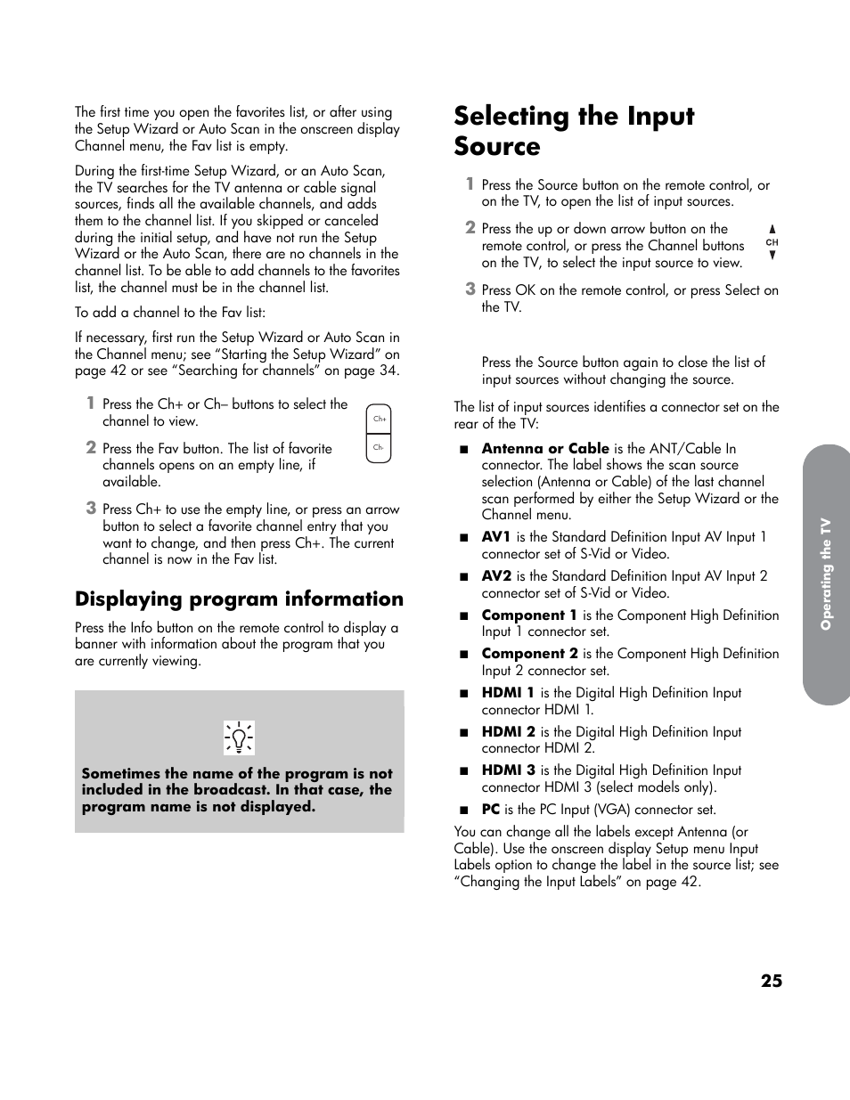 Displaying program information, Selecting the input source | HP LT4200 42 inch Professional LCD HDTV User Manual | Page 35 / 66