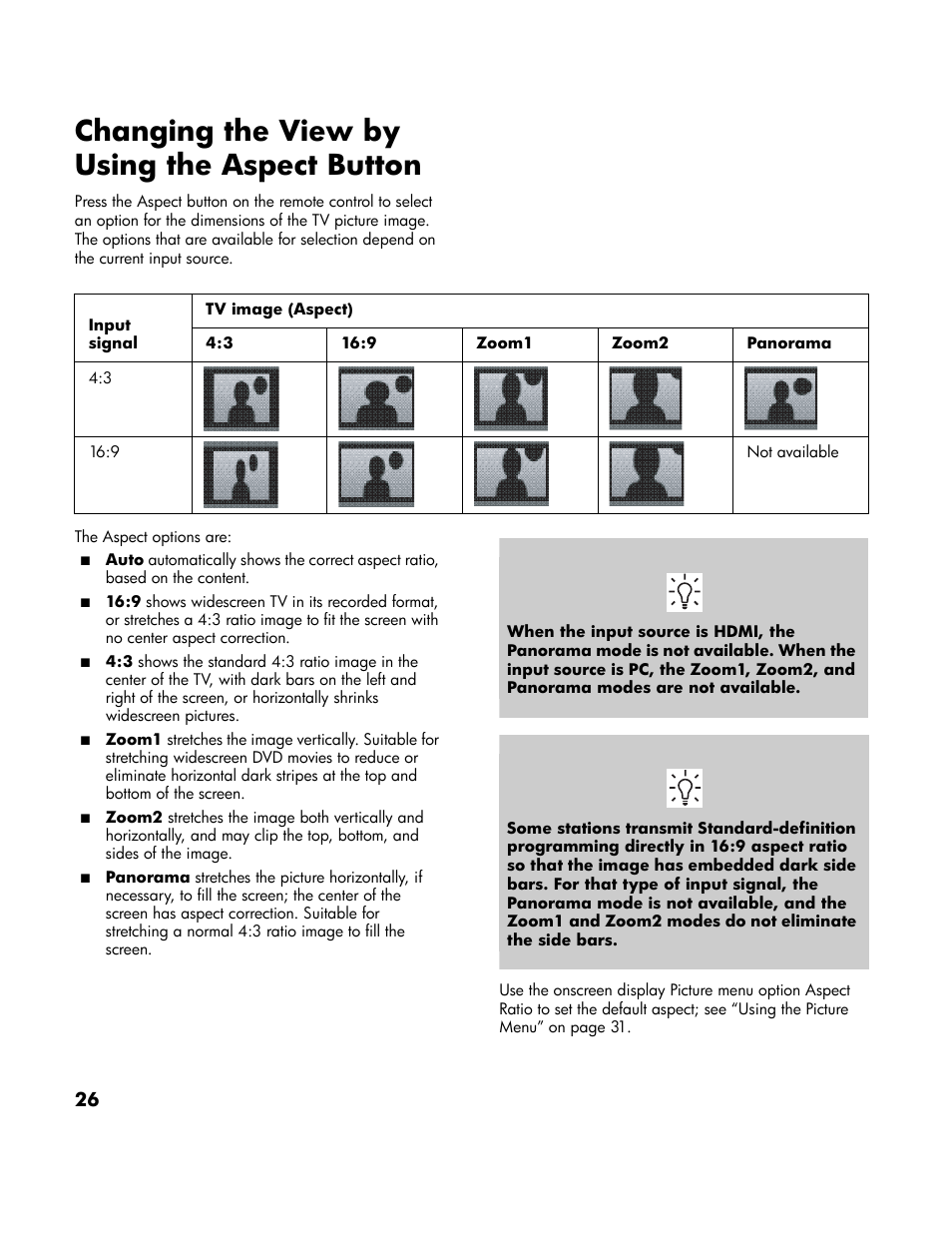 Changing the view by using the aspect button | HP LT4200 42 inch Professional LCD HDTV User Manual | Page 36 / 66