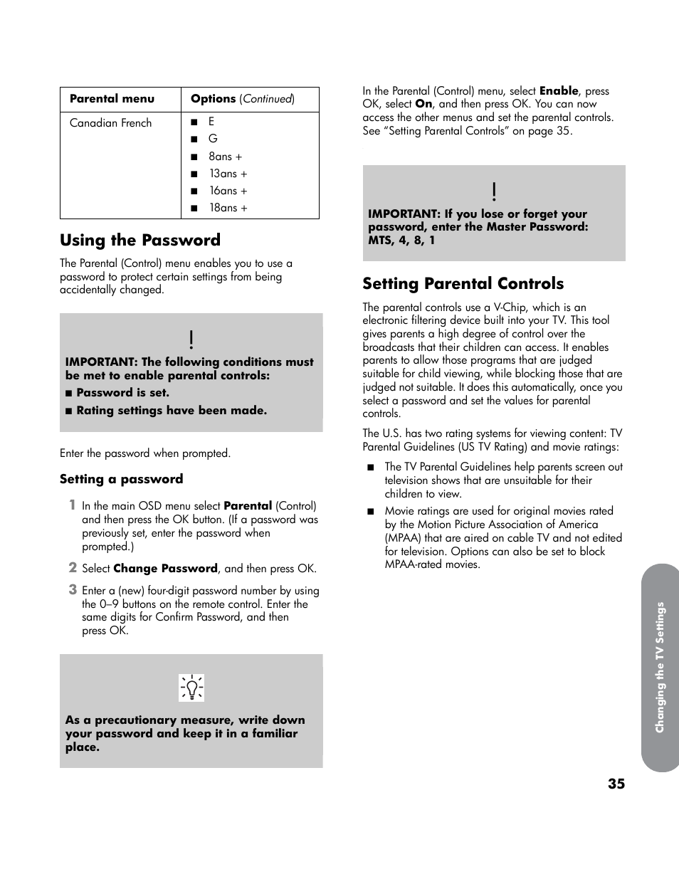 Using the password, Setting parental controls, Using the password setting parental controls | HP LT4200 42 inch Professional LCD HDTV User Manual | Page 45 / 66