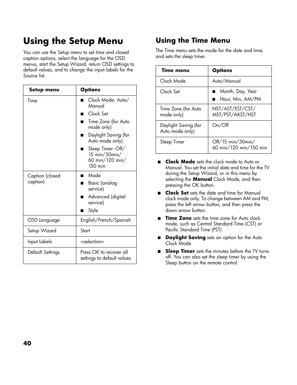 Using the setup menu, Using the time menu | HP LT4200 42 inch Professional LCD HDTV User Manual | Page 50 / 66