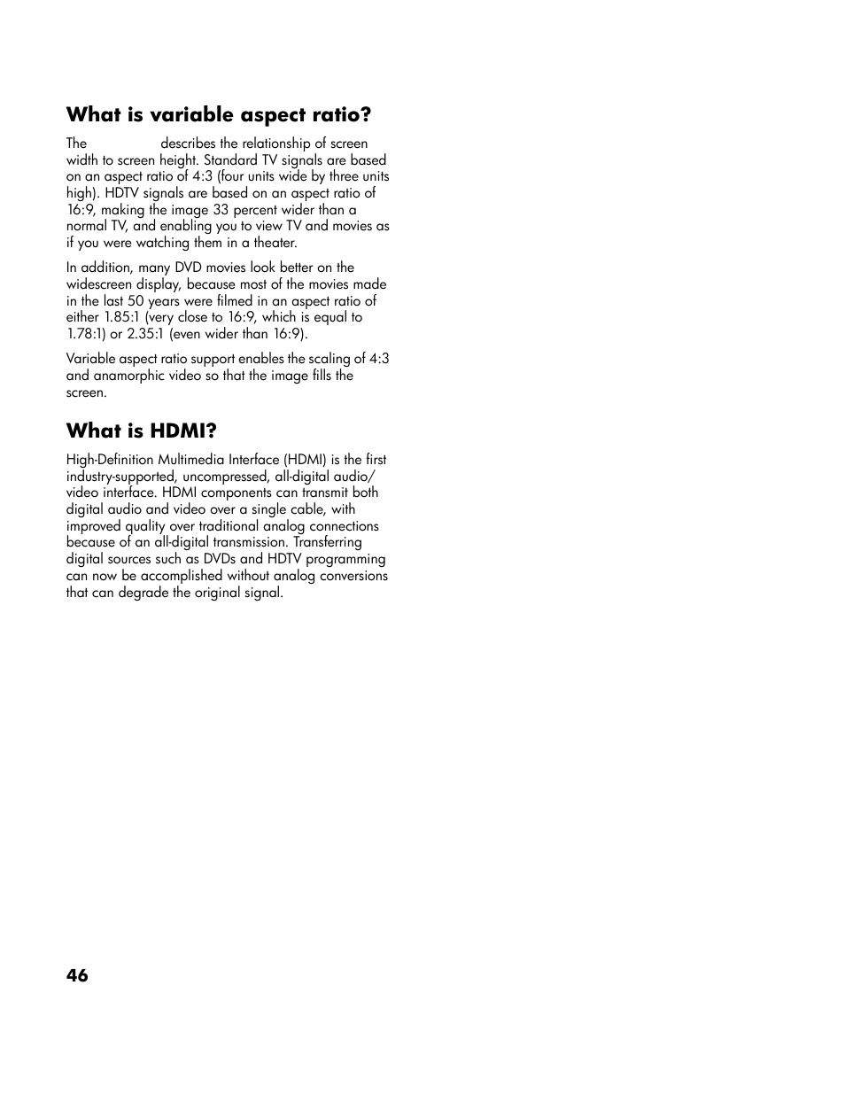 What is variable aspect ratio, What is hdmi, What is variable aspect ratio? what is hdmi | HP LT4200 42 inch Professional LCD HDTV User Manual | Page 56 / 66