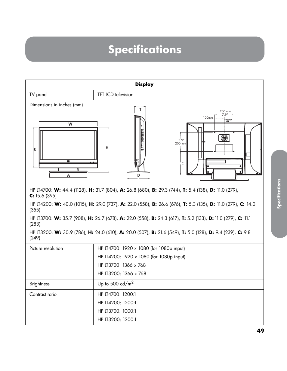 Specifications | HP LT4200 42 inch Professional LCD HDTV User Manual | Page 59 / 66