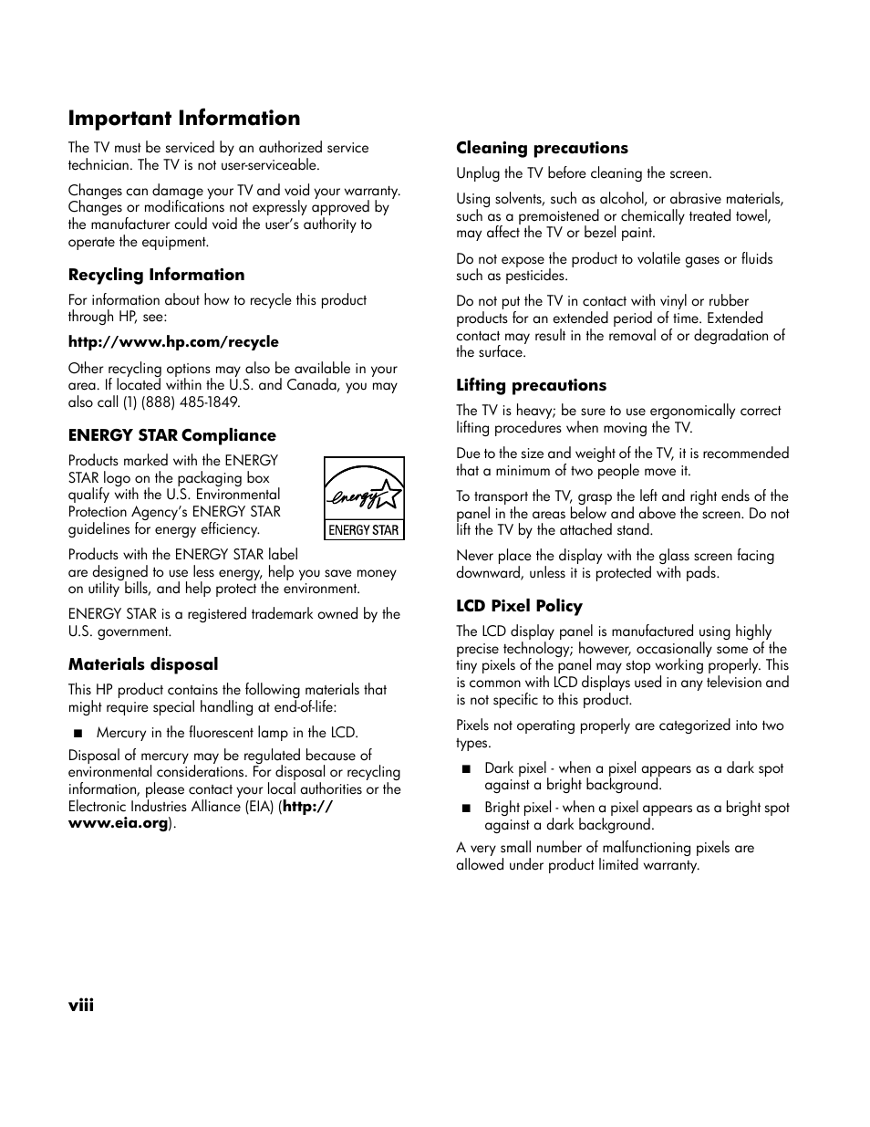 Important information | HP LT4200 42 inch Professional LCD HDTV User Manual | Page 8 / 66