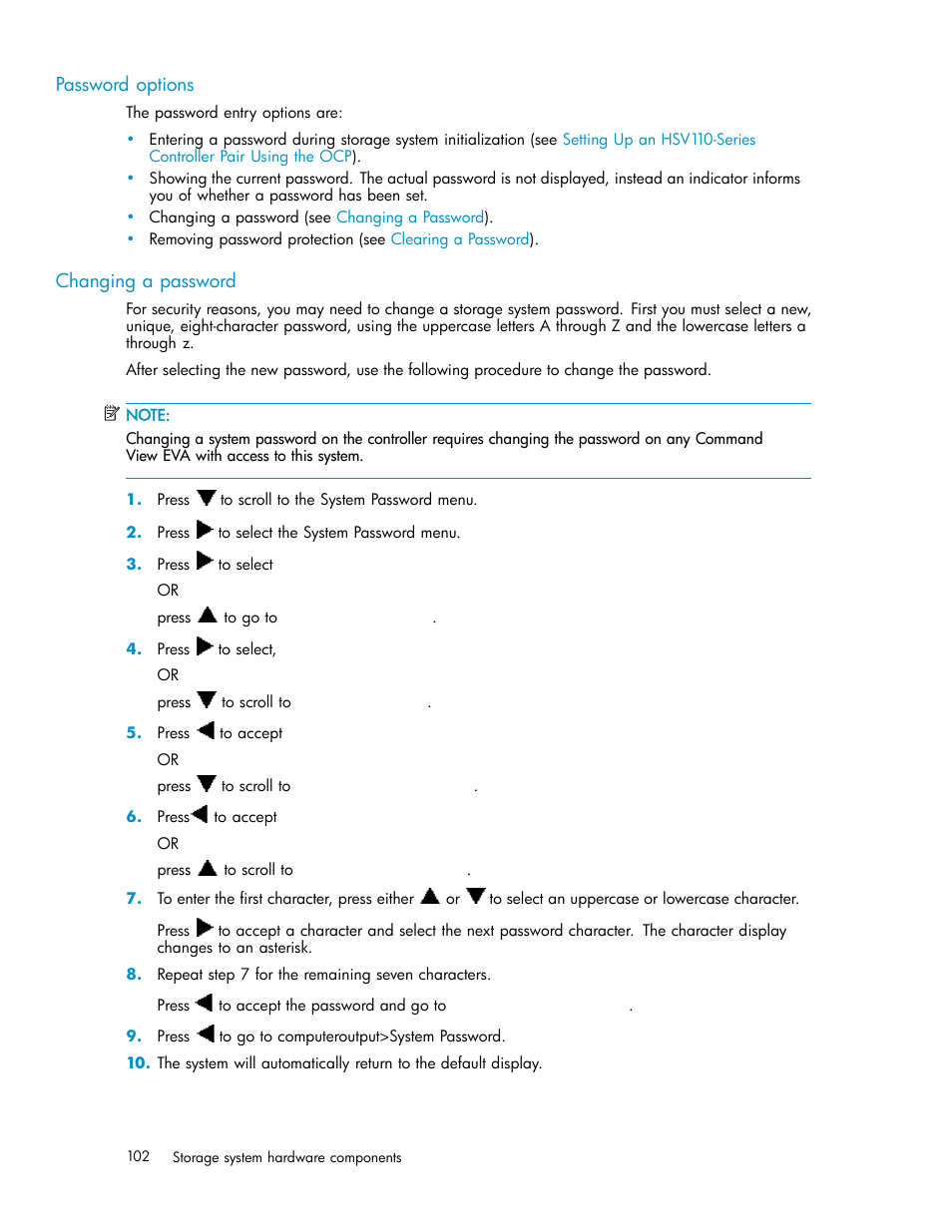 Password options, Changing a password | HP 3000 Enterprise Virtual Array User Manual | Page 102 / 188