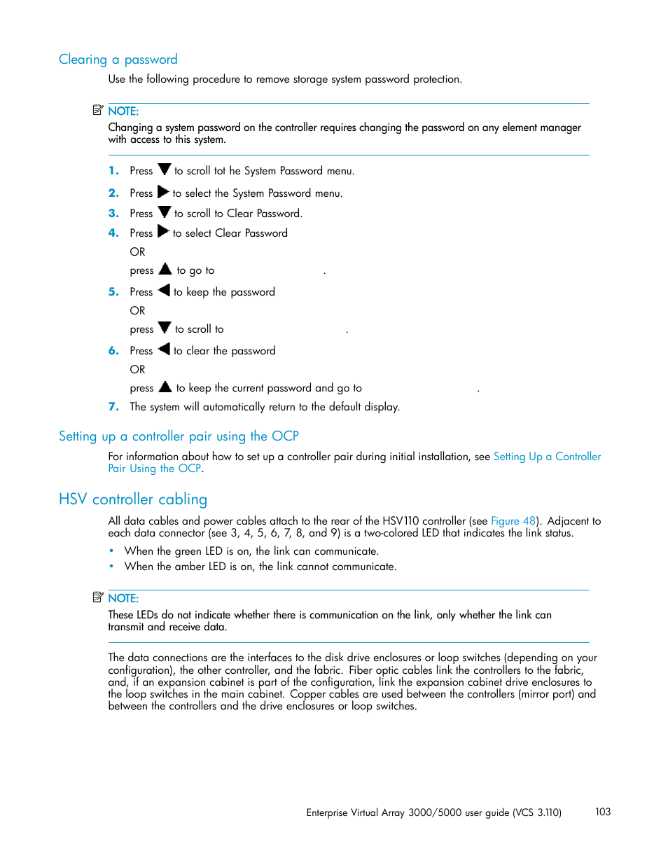 Clearing a password, Setting up a controller pair using the ocp, Hsv controller cabling | Setting up an hsv110-series, Controller pair using the ocp | HP 3000 Enterprise Virtual Array User Manual | Page 103 / 188