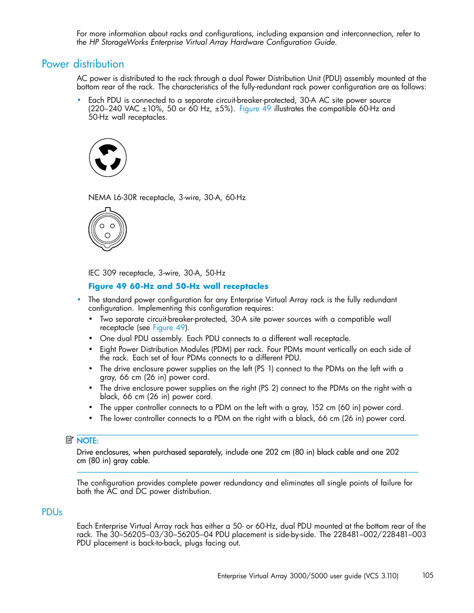 Power distribution, Pdus, Hz and 50-hz wall receptacles | HP 3000 Enterprise Virtual Array User Manual | Page 105 / 188