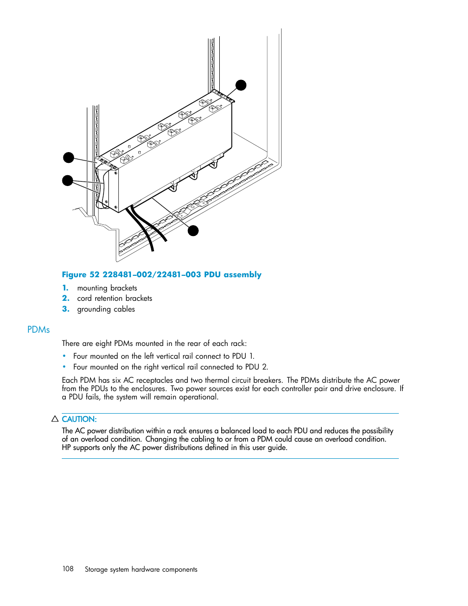 Pdms, 228481–002/22481–003 pdu assembly | HP 3000 Enterprise Virtual Array User Manual | Page 108 / 188