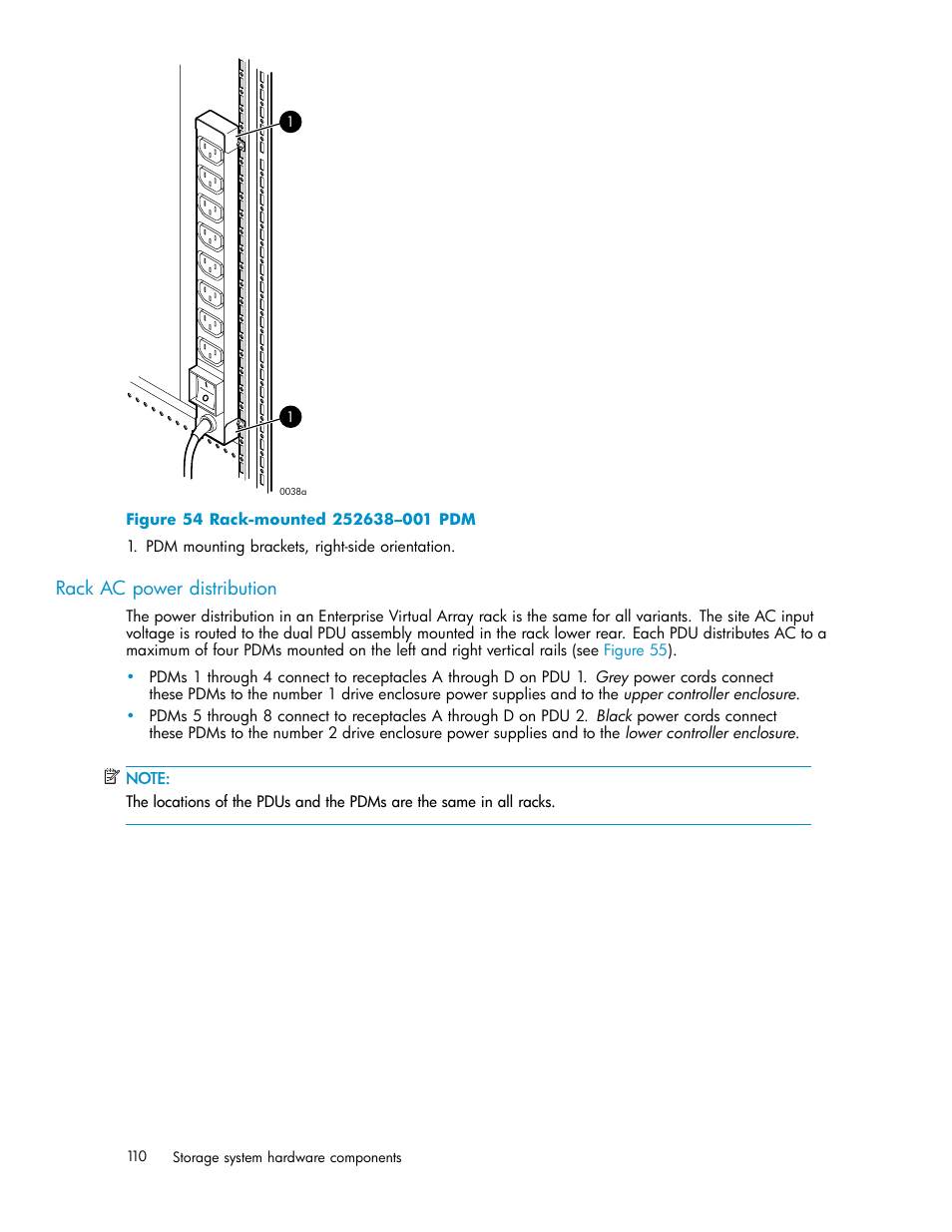 Rack ac power distribution, Rack-mounted 252638–001 pdm | HP 3000 Enterprise Virtual Array User Manual | Page 110 / 188