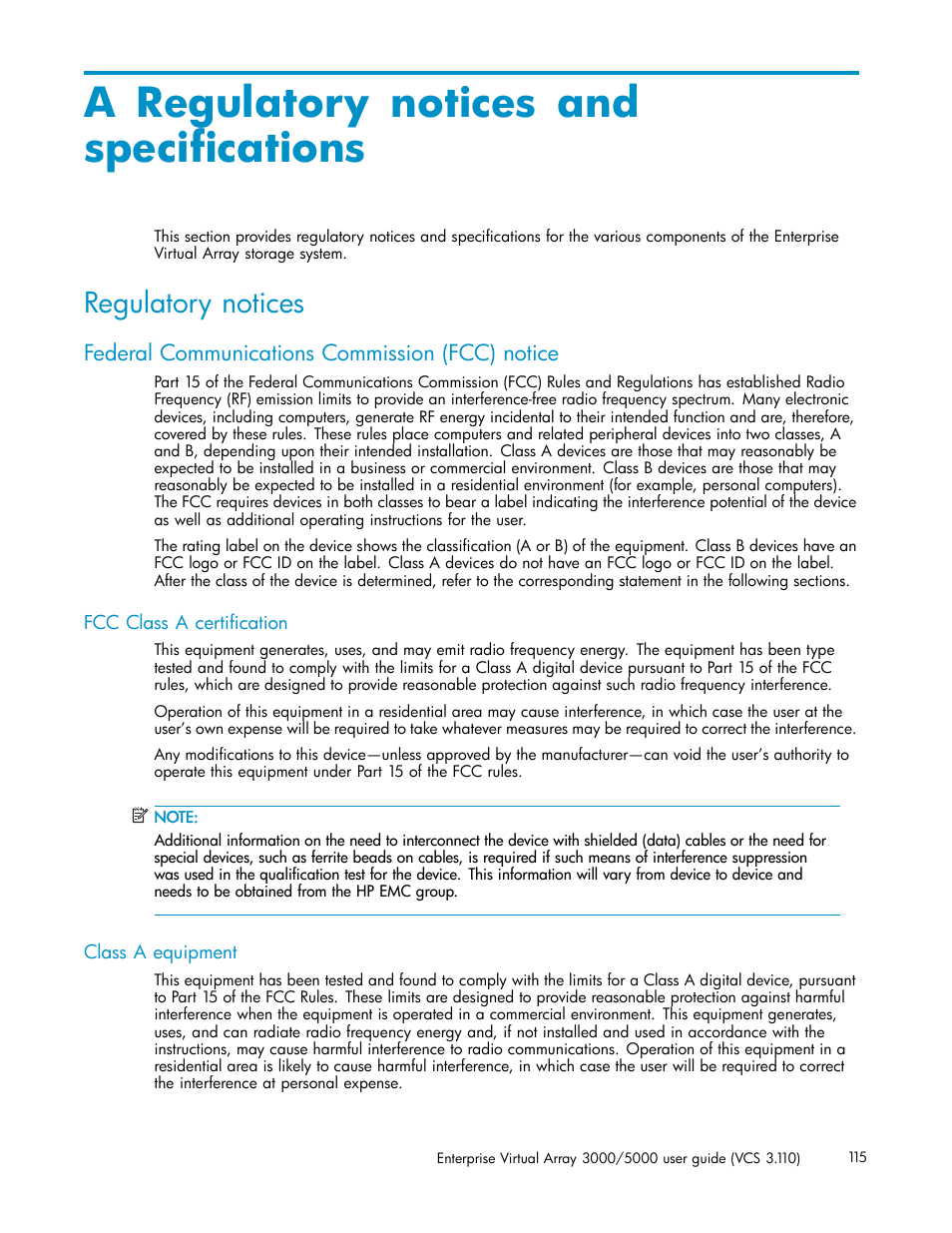 A regulatory notices and specifications, Regulatory notices, Federal communications commission (fcc) notice | Fcc class a certification, Class a equipment | HP 3000 Enterprise Virtual Array User Manual | Page 115 / 188