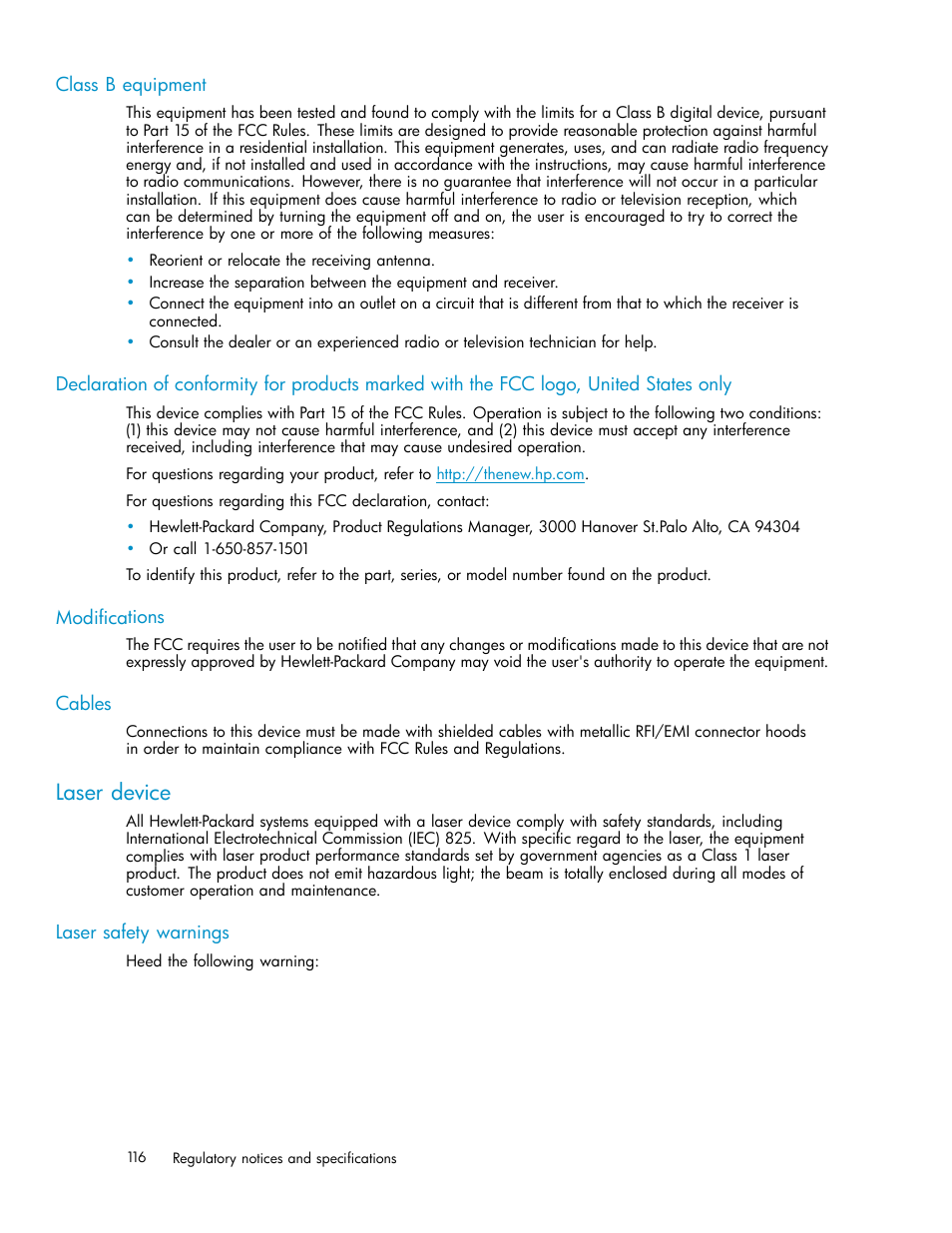 Class b equipment, Modifications, Cables | Laser device, Laser safety warnings | HP 3000 Enterprise Virtual Array User Manual | Page 116 / 188