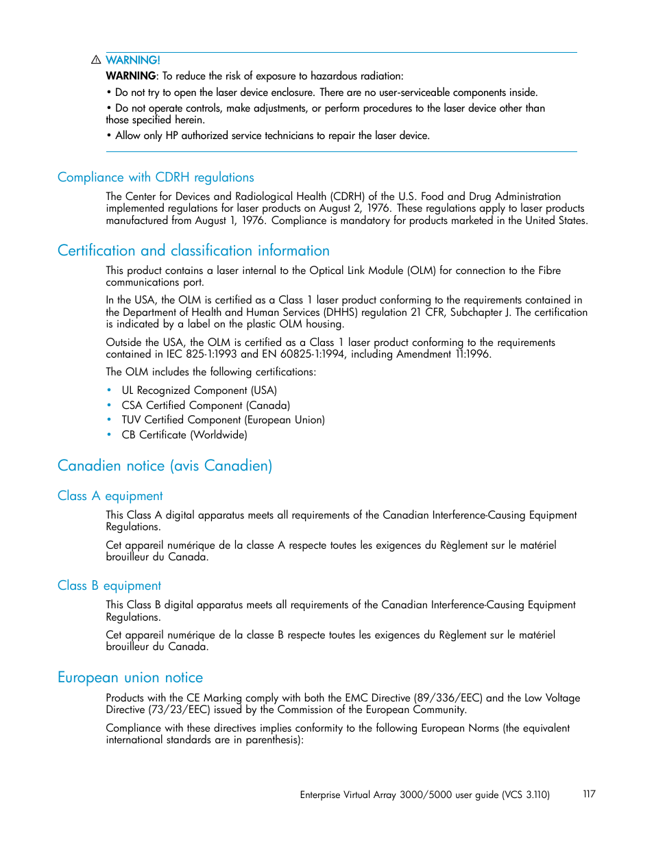 Compliance with cdrh regulations, Certification and classification information, Canadien notice (avis canadien) | Class a equipment, Class b equipment, European union notice | HP 3000 Enterprise Virtual Array User Manual | Page 117 / 188