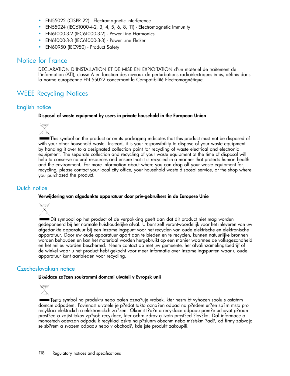 Notice for france, Weee recycling notices, English notice | Dutch notice, Czechoslovakian notice | HP 3000 Enterprise Virtual Array User Manual | Page 118 / 188