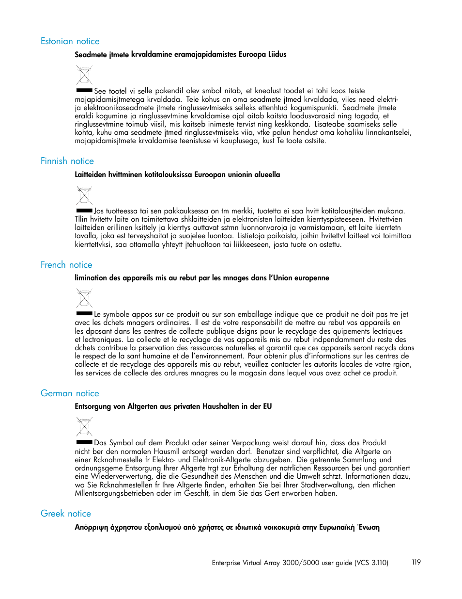 Estonian notice, Finnish notice, French notice | German notice, Greek notice | HP 3000 Enterprise Virtual Array User Manual | Page 119 / 188