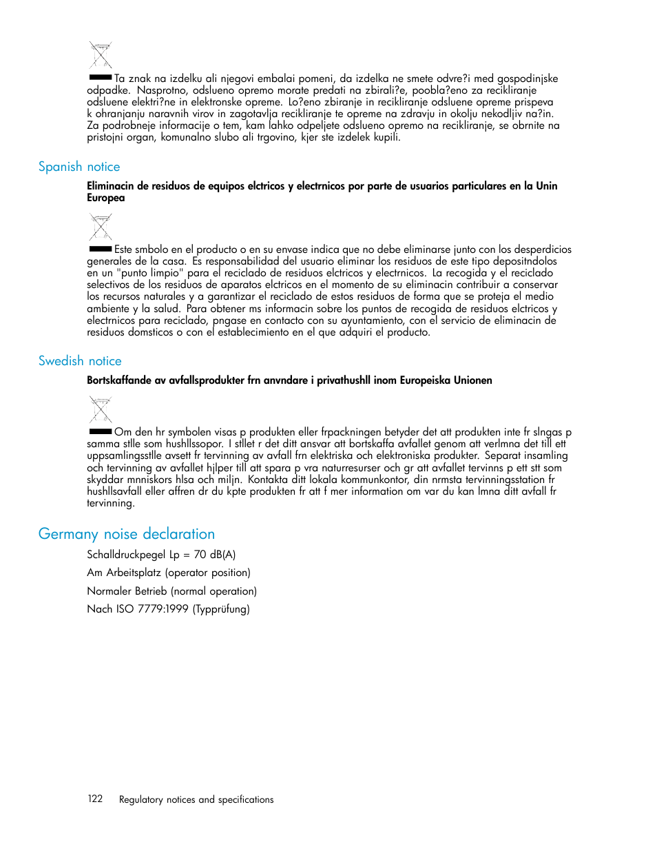 Spanish notice, Swedish notice, Germany noise declaration | HP 3000 Enterprise Virtual Array User Manual | Page 122 / 188