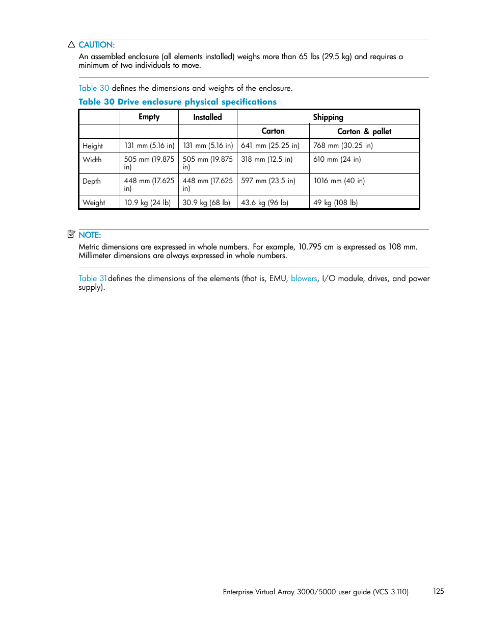 Drive enclosure physical specifications | HP 3000 Enterprise Virtual Array User Manual | Page 125 / 188