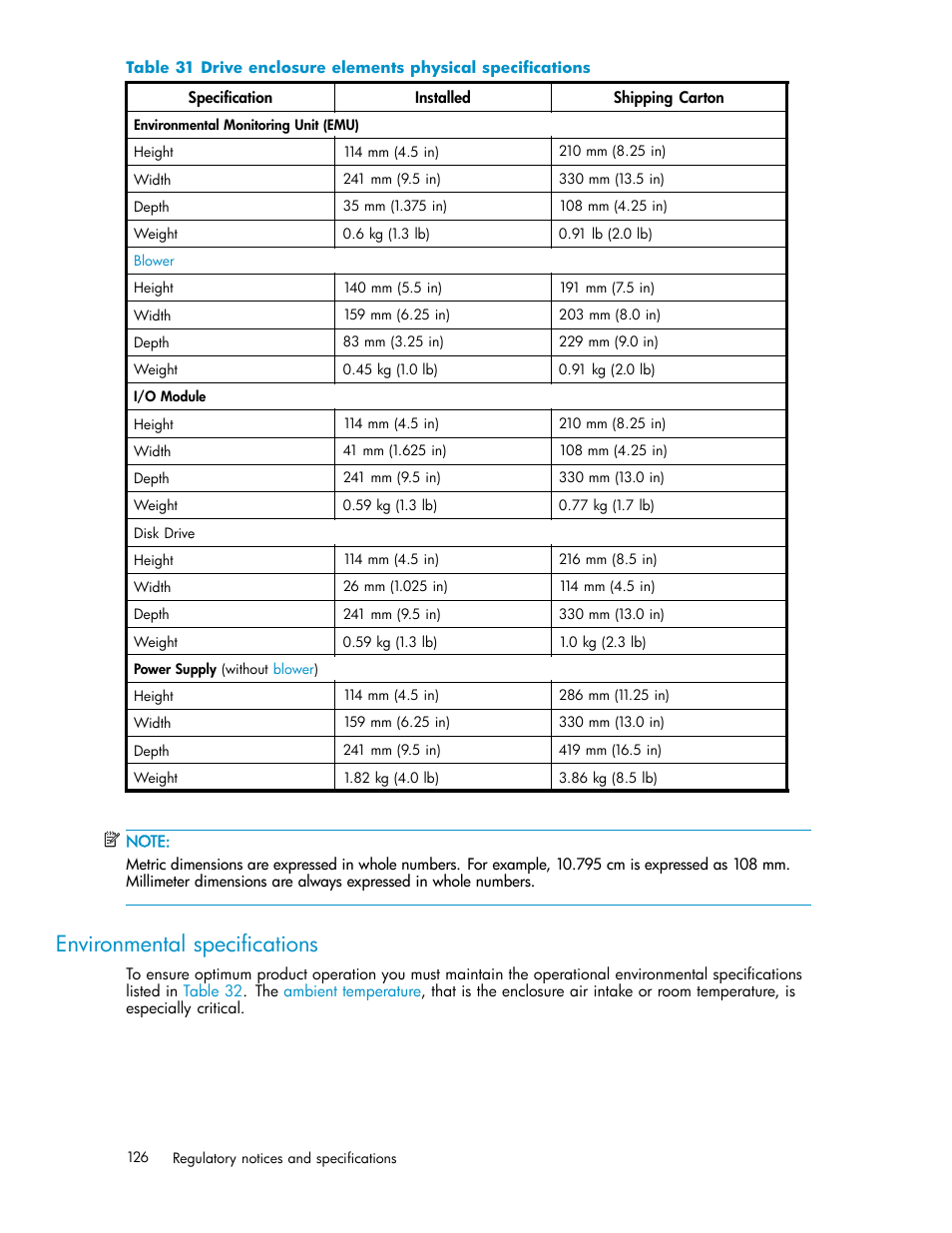 Environmental specifications, Drive enclosure elements physical specifications | HP 3000 Enterprise Virtual Array User Manual | Page 126 / 188