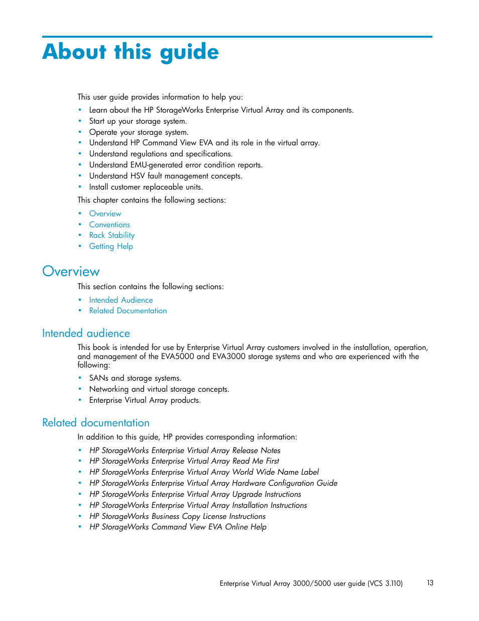 About this guide, Overview, Intended audience | Related documentation | HP 3000 Enterprise Virtual Array User Manual | Page 13 / 188