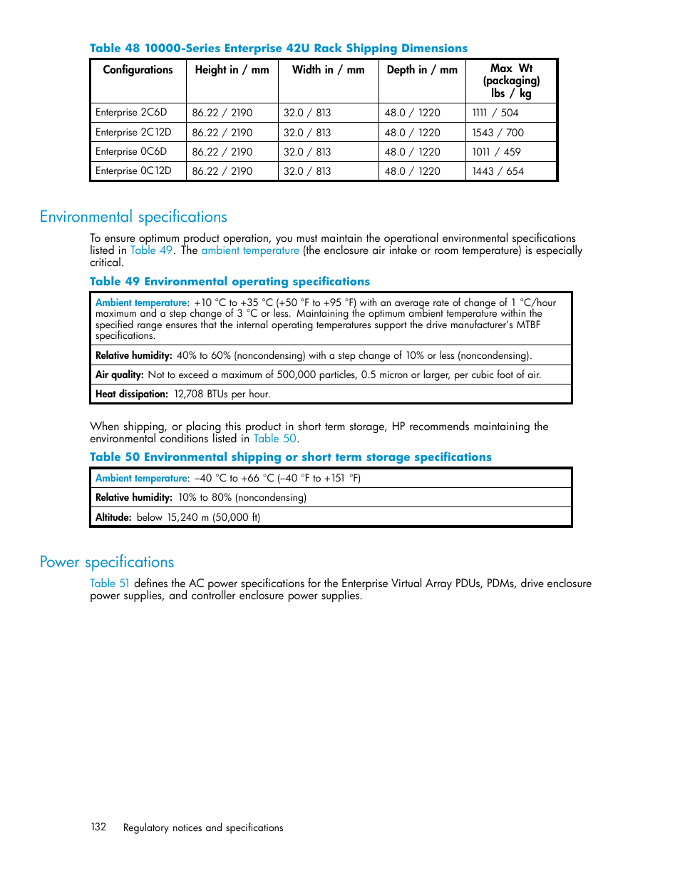 Environmental specifications, Power specifications, Environmental operating specifications | HP 3000 Enterprise Virtual Array User Manual | Page 132 / 188