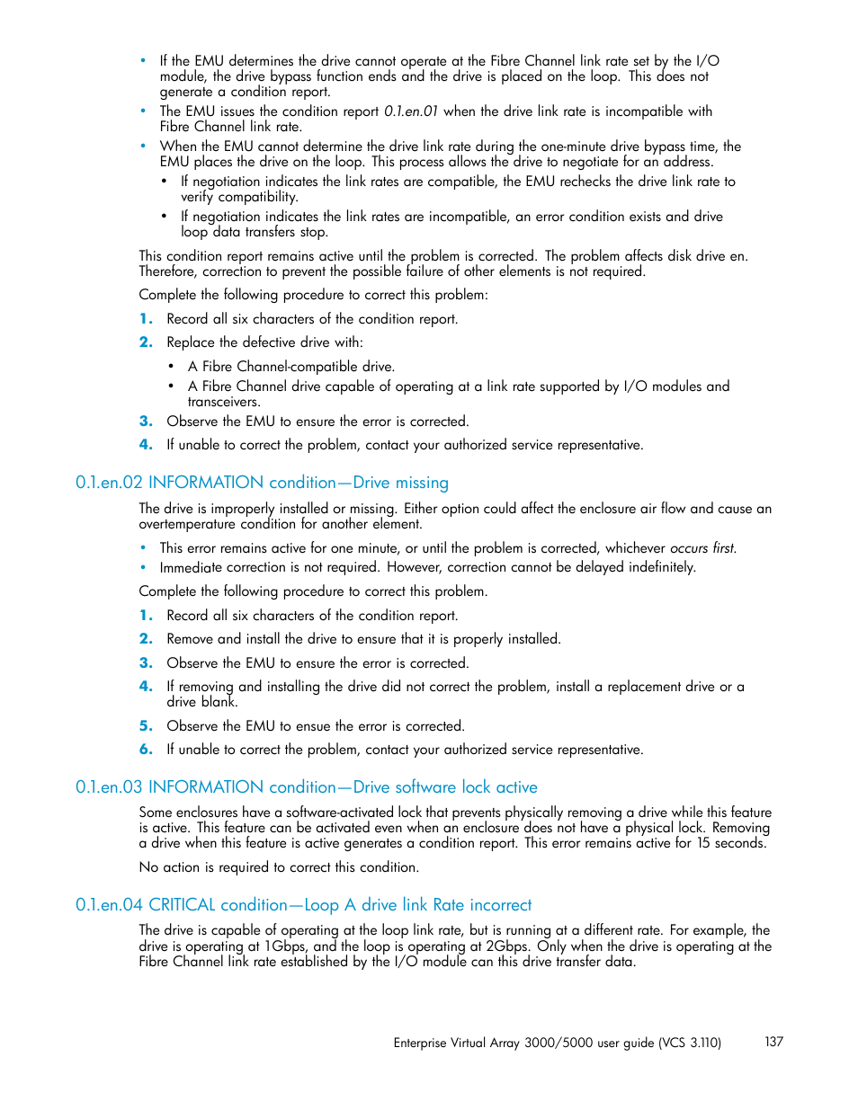 En.02 information condition—drive missing | HP 3000 Enterprise Virtual Array User Manual | Page 137 / 188