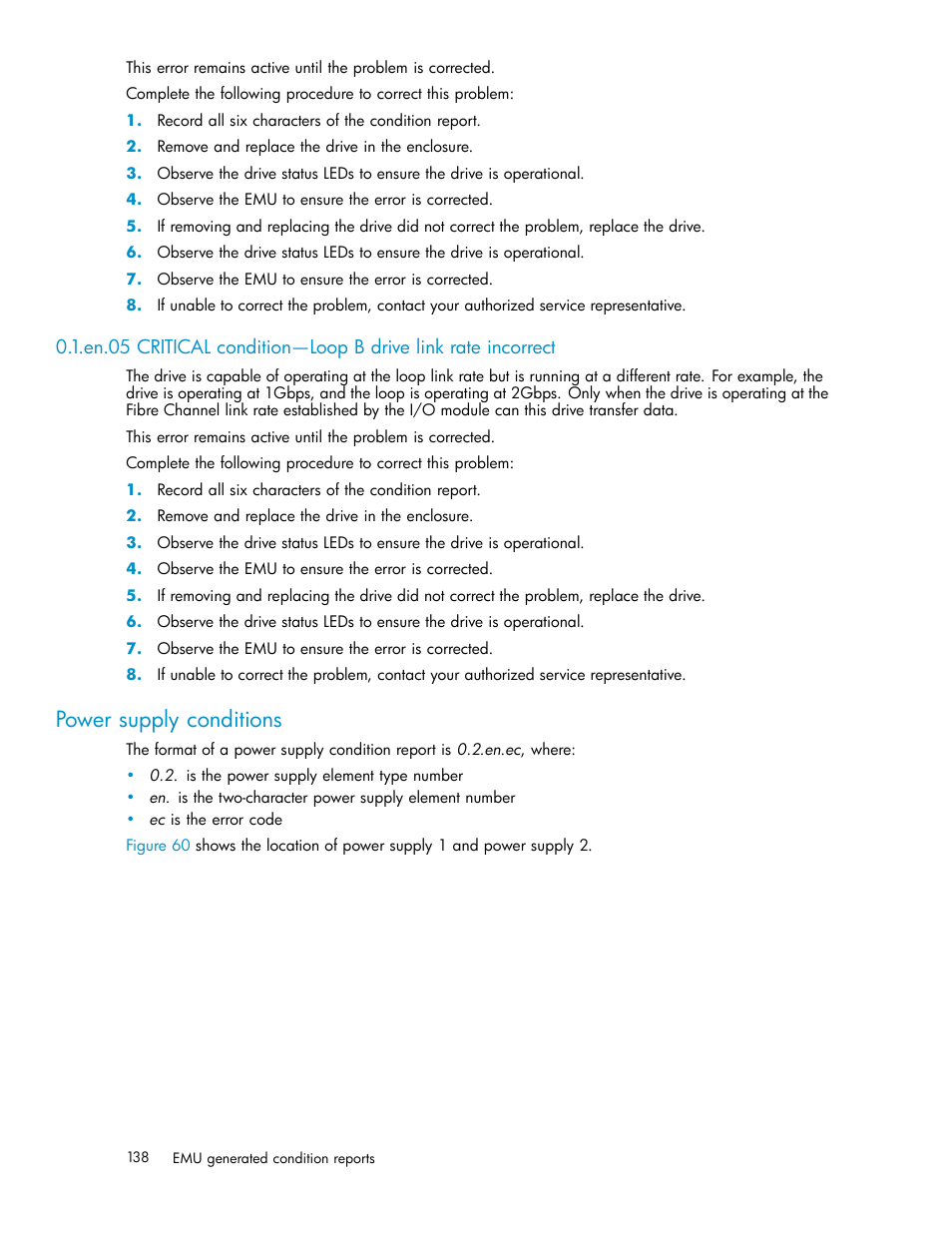 Power supply conditions | HP 3000 Enterprise Virtual Array User Manual | Page 138 / 188