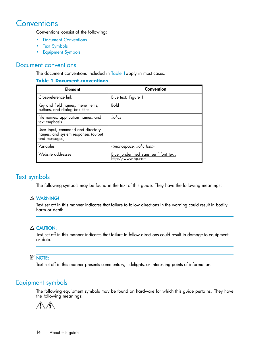 Conventions, Document conventions, Text symbols | Equipment symbols | HP 3000 Enterprise Virtual Array User Manual | Page 14 / 188