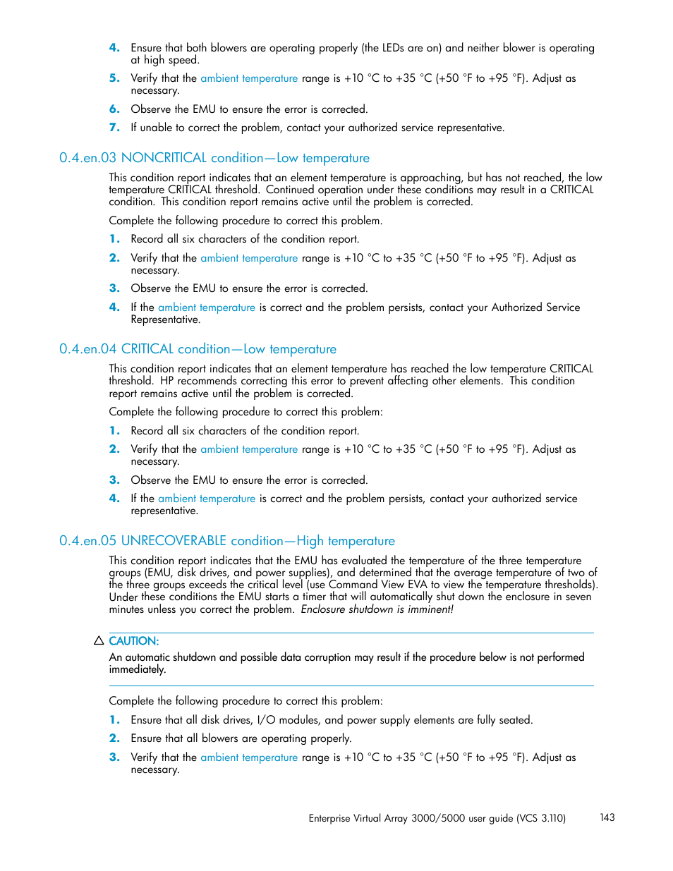 En.03 noncritical condition—low temperature, En.04 critical condition—low temperature, En.05 unrecoverable condition—high temperature | HP 3000 Enterprise Virtual Array User Manual | Page 143 / 188