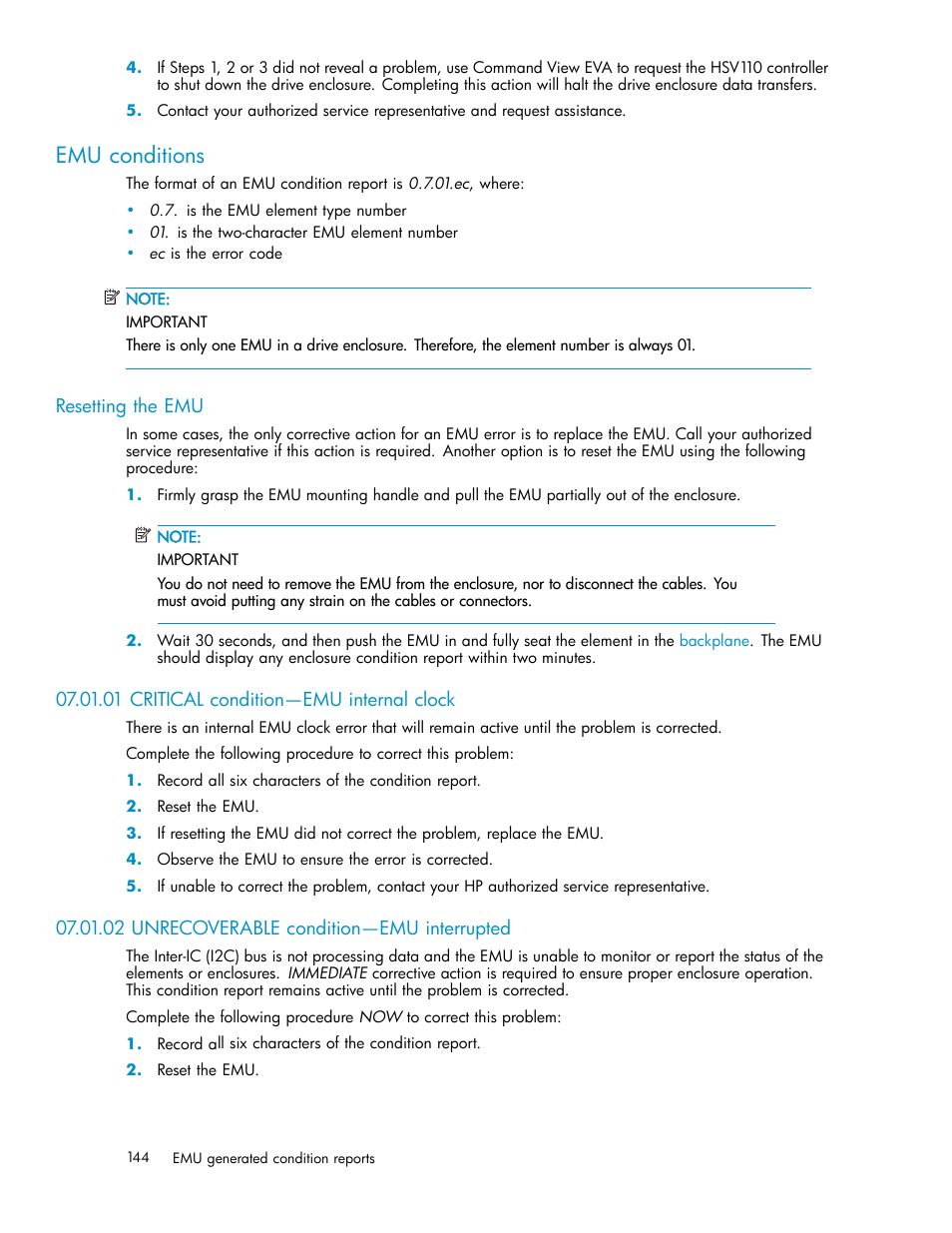 Emu conditions, Resetting the emu, 01 critical condition—emu internal clock | 02 unrecoverable condition—emu interrupted | HP 3000 Enterprise Virtual Array User Manual | Page 144 / 188