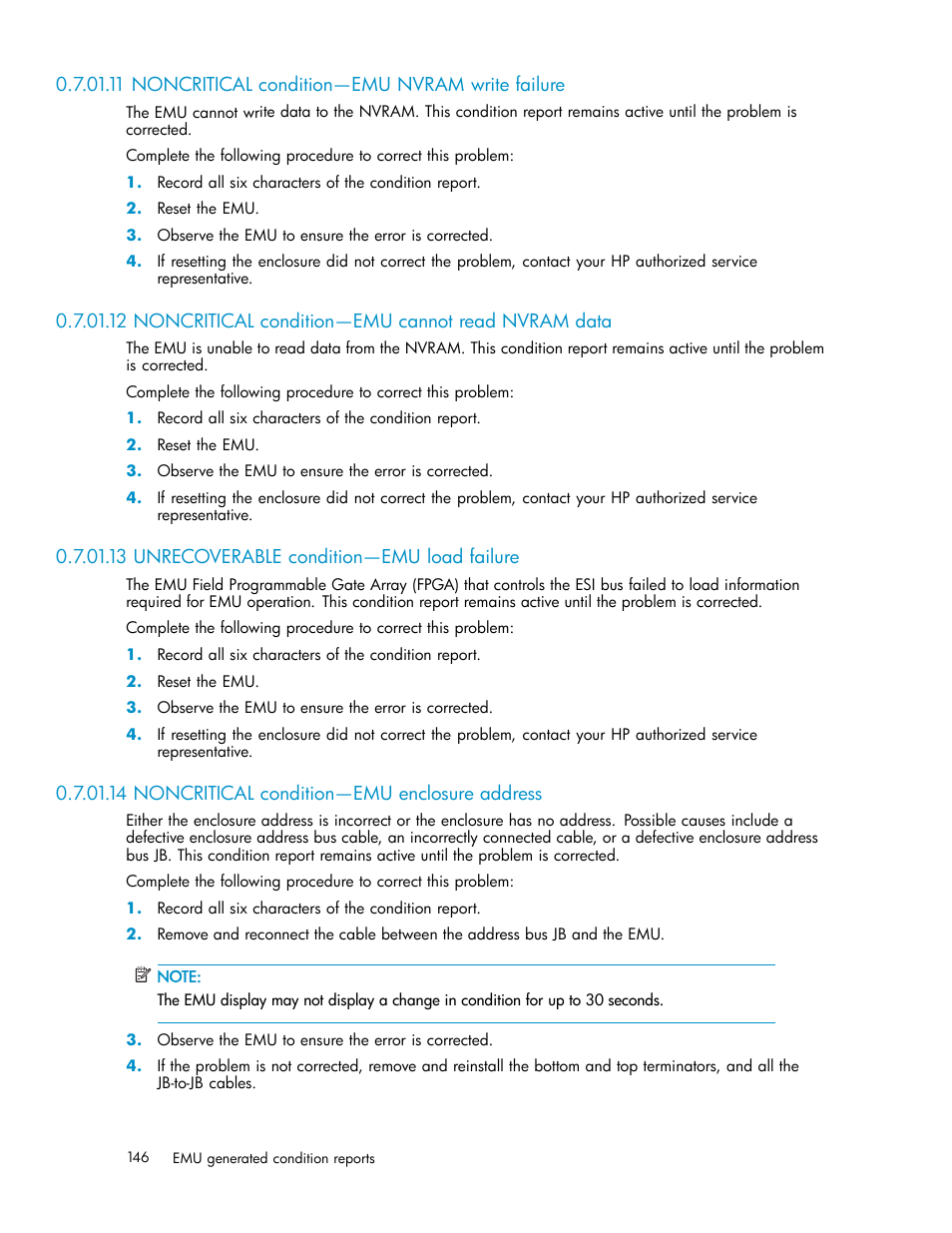 11 noncritical condition—emu nvram write failure, 13 unrecoverable condition—emu load failure, 14 noncritical condition—emu enclosure address | HP 3000 Enterprise Virtual Array User Manual | Page 146 / 188