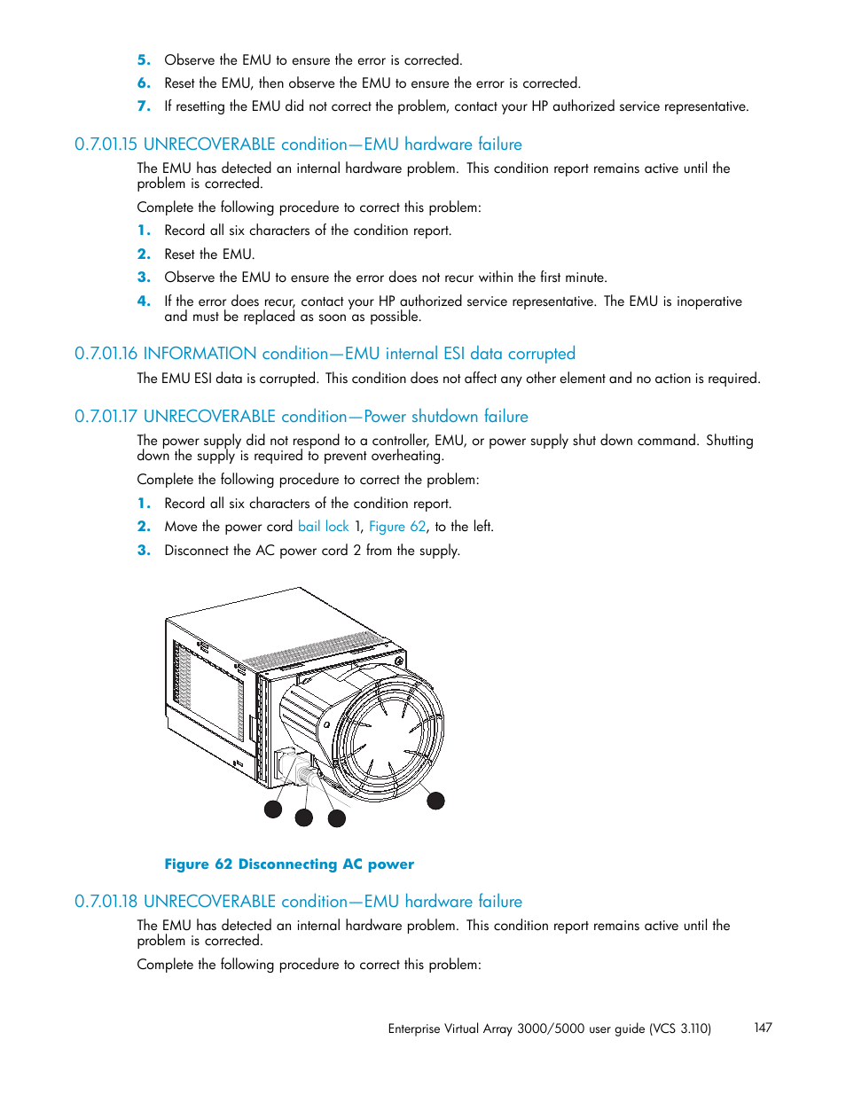 15 unrecoverable condition—emu hardware failure, 17 unrecoverable condition—power shutdown failure, 18 unrecoverable condition—emu hardware failure | Disconnecting ac power | HP 3000 Enterprise Virtual Array User Manual | Page 147 / 188