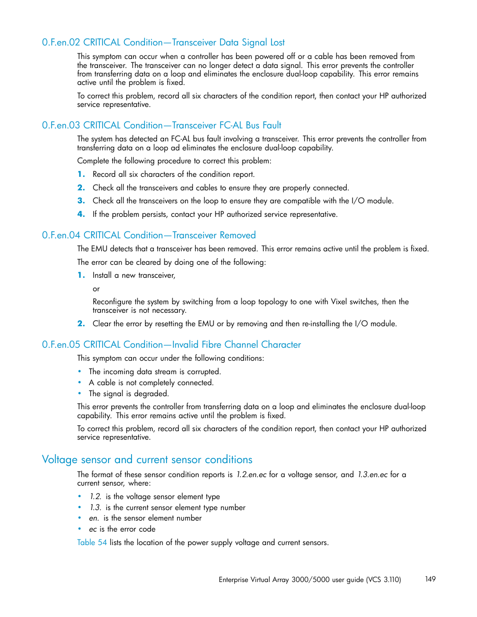 F.en.04 critical condition—transceiver removed, Voltage sensor and current sensor conditions | HP 3000 Enterprise Virtual Array User Manual | Page 149 / 188