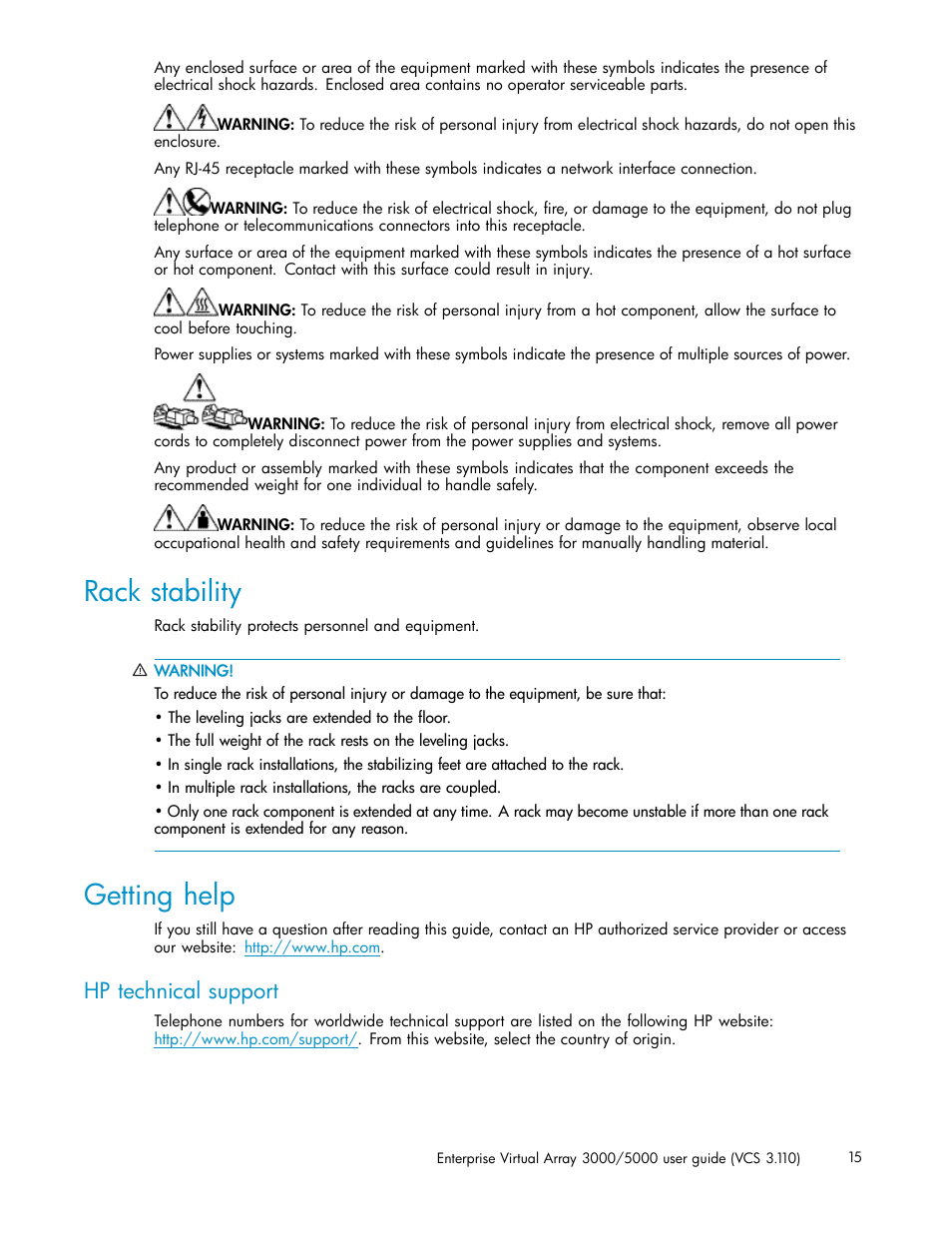 Rack stability, Getting help, Hp technical support | HP 3000 Enterprise Virtual Array User Manual | Page 15 / 188