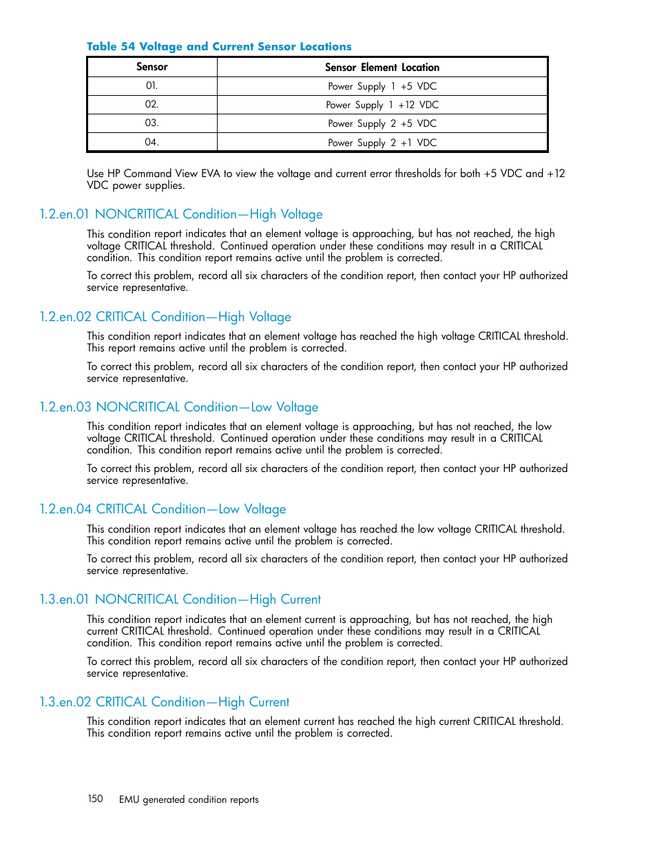 En.01 noncritical condition—high voltage, En.02 critical condition—high voltage, En.03 noncritical condition—low voltage | En.04 critical condition—low voltage, En.01 noncritical condition—high current, En.02 critical condition—high current, Voltage and current sensor locations, Table 54 | HP 3000 Enterprise Virtual Array User Manual | Page 150 / 188