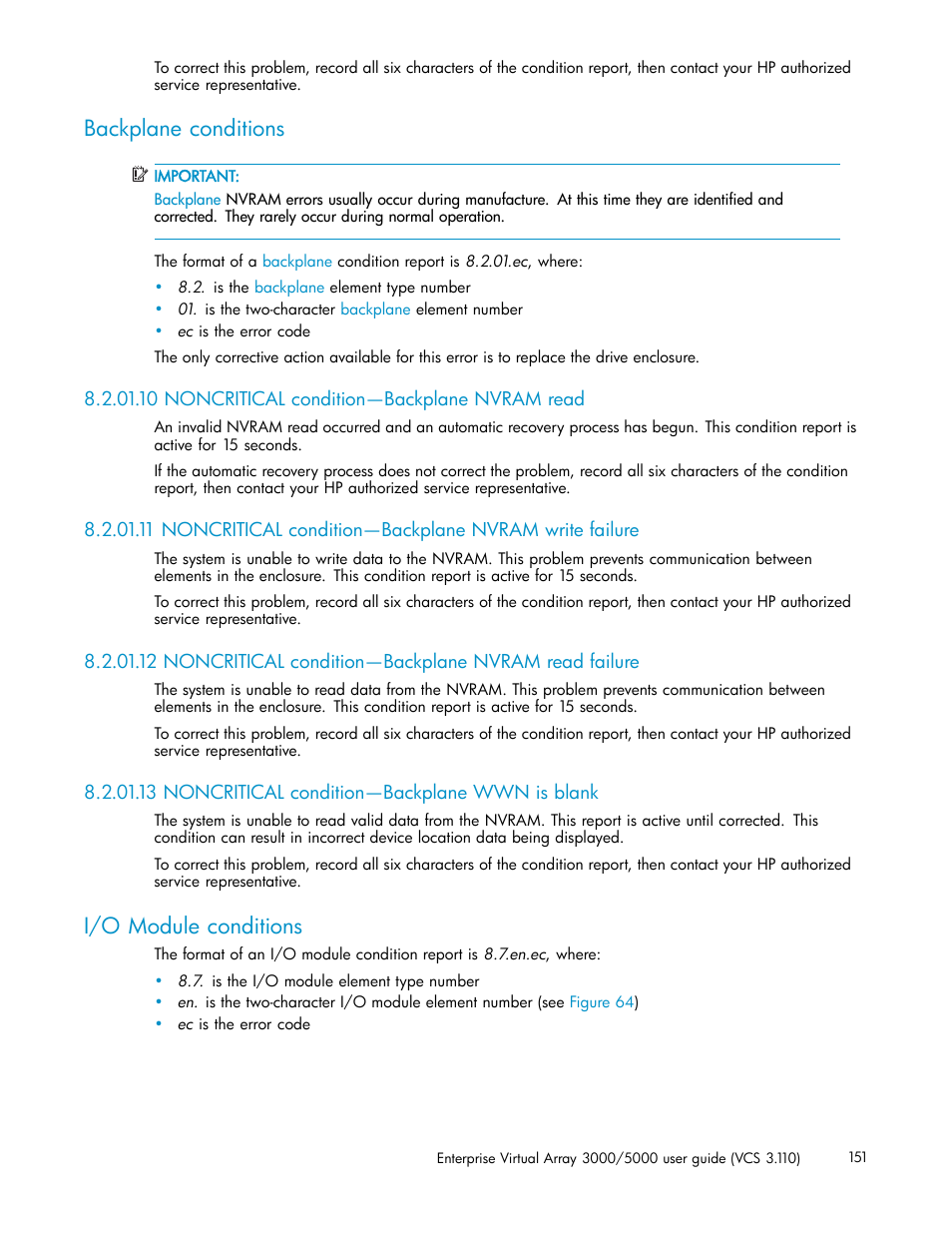 Backplane conditions, 10 noncritical condition—backplane nvram read, 13 noncritical condition—backplane wwn is blank | I/o module conditions | HP 3000 Enterprise Virtual Array User Manual | Page 151 / 188