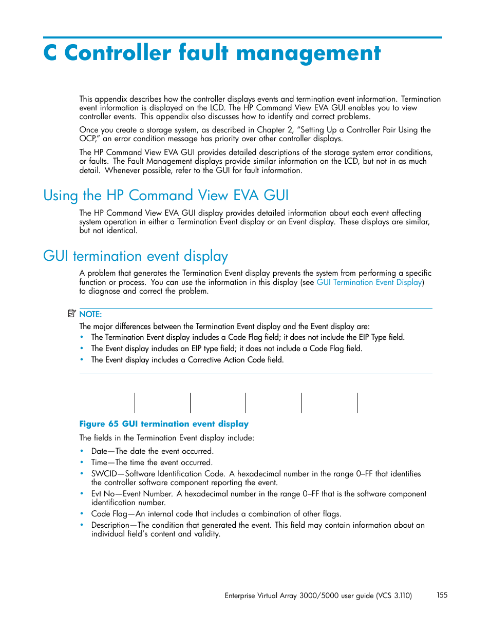 C controller fault management, Using the hp command view eva gui, Gui termination event display | HP 3000 Enterprise Virtual Array User Manual | Page 155 / 188