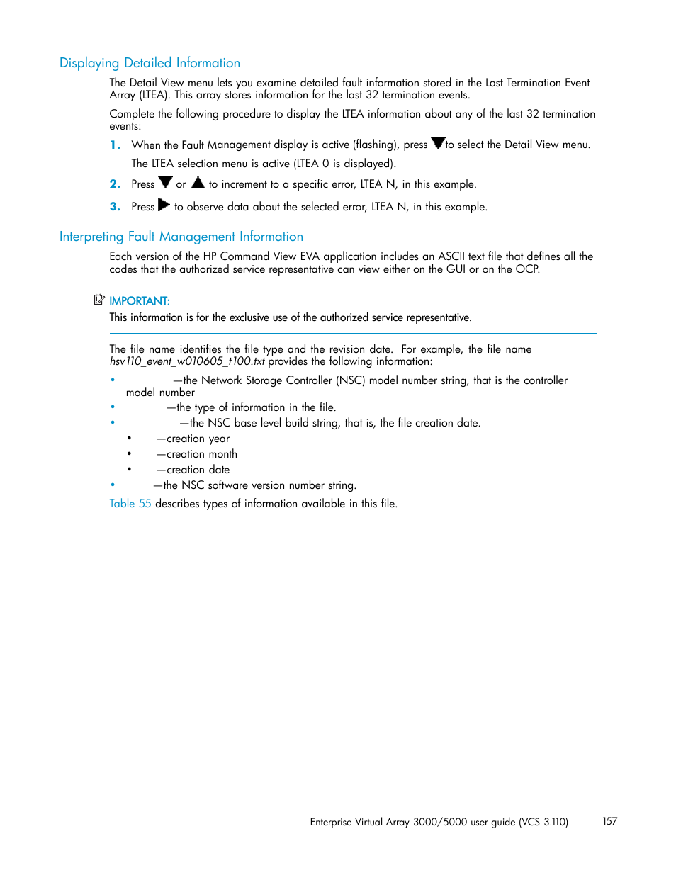Displaying detailed information, Interpreting fault management information | HP 3000 Enterprise Virtual Array User Manual | Page 157 / 188