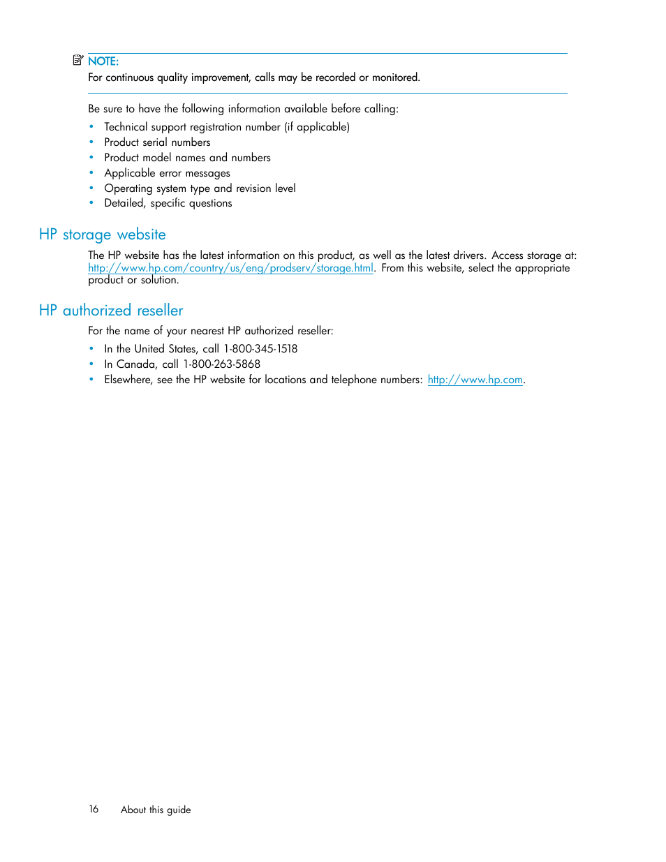 Hp storage website, Hp authorized reseller | HP 3000 Enterprise Virtual Array User Manual | Page 16 / 188
