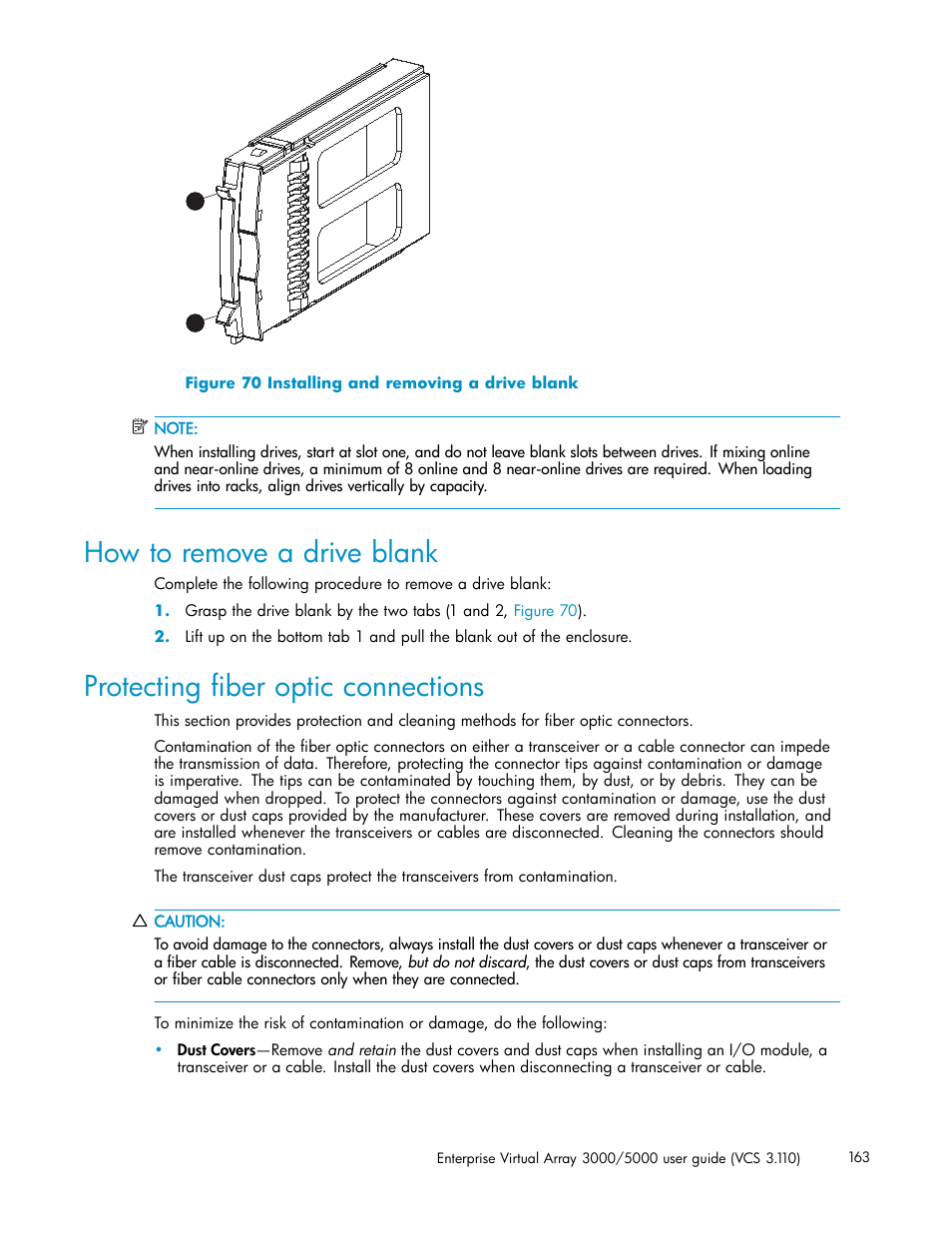 How to remove a drive blank, Protecting fiber optic connections, Installing and removing a drive blank | HP 3000 Enterprise Virtual Array User Manual | Page 163 / 188