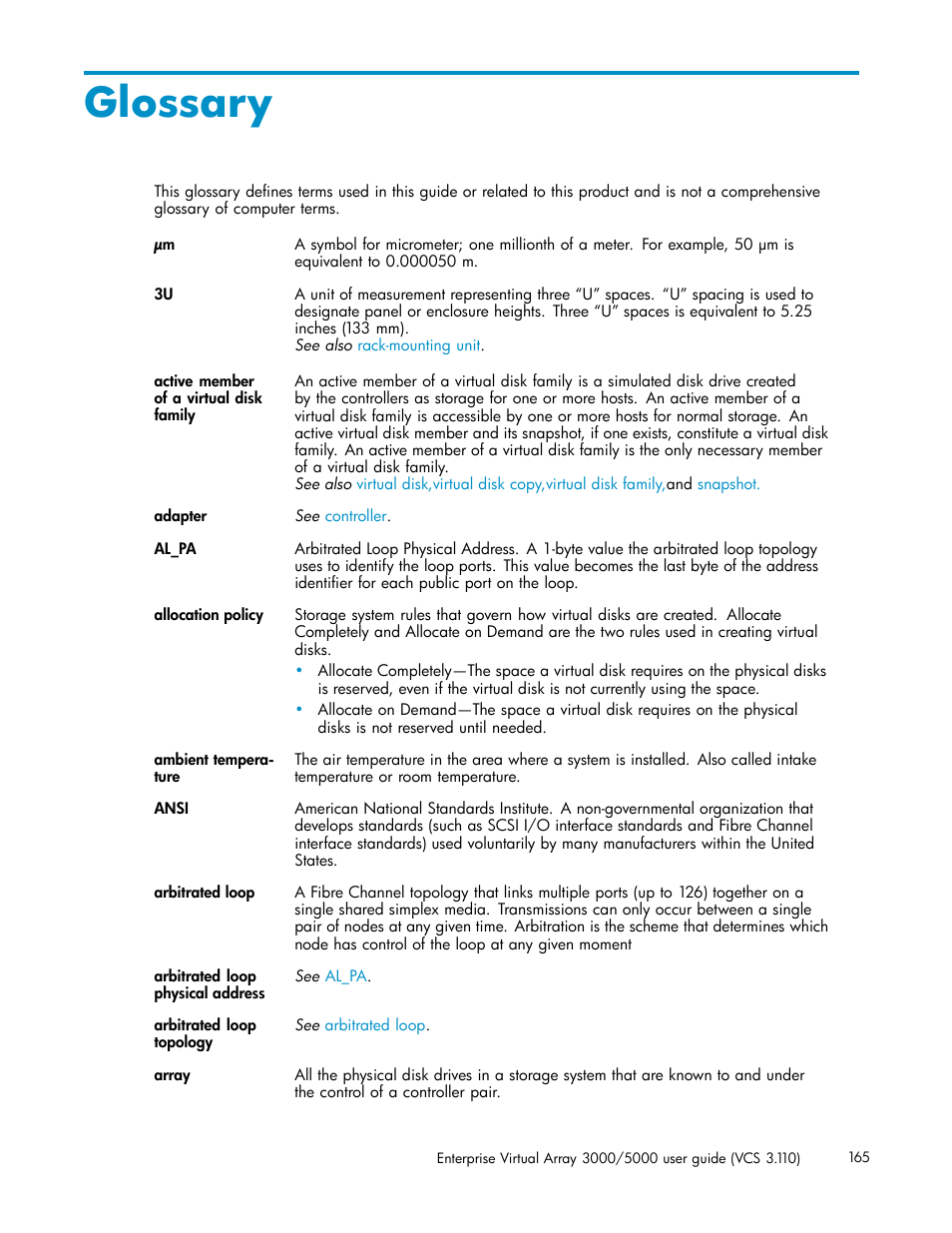Glossary | HP 3000 Enterprise Virtual Array User Manual | Page 165 / 188