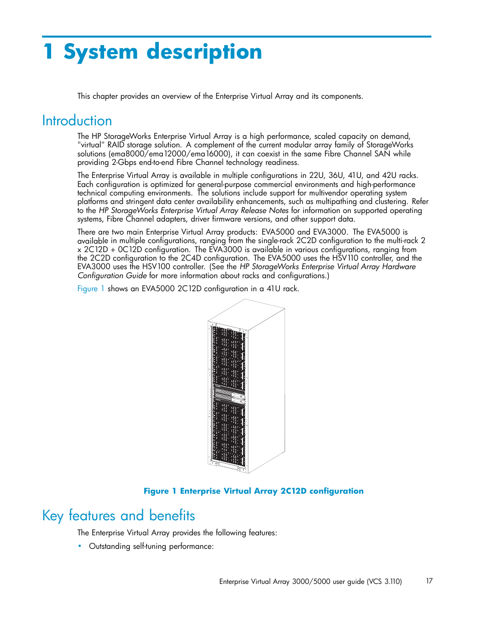 1 system description, Introduction, Key features and benefits | Enterprise virtual array 2c12d configuration | HP 3000 Enterprise Virtual Array User Manual | Page 17 / 188