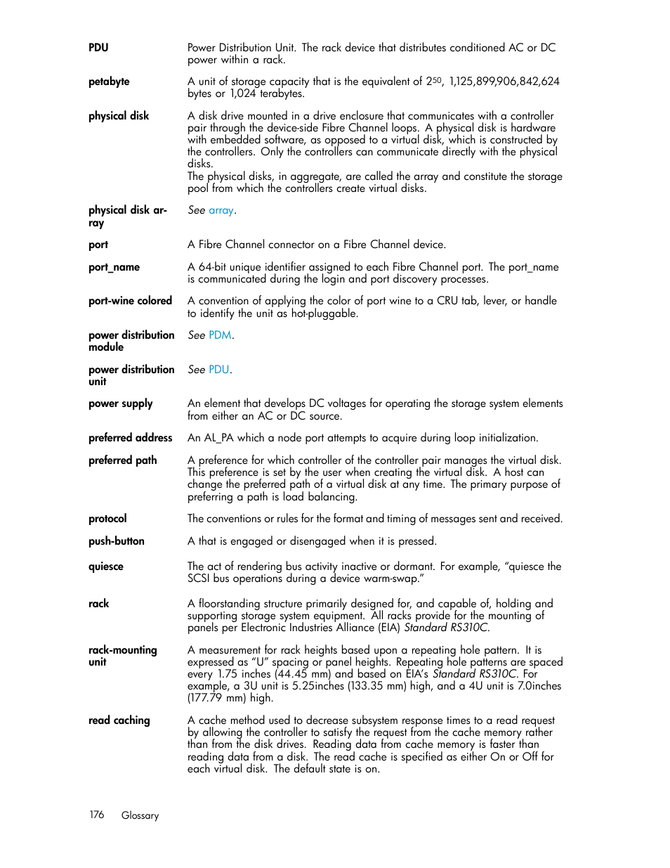 Rack-mounting unit, Read cache, Rack | HP 3000 Enterprise Virtual Array User Manual | Page 176 / 188